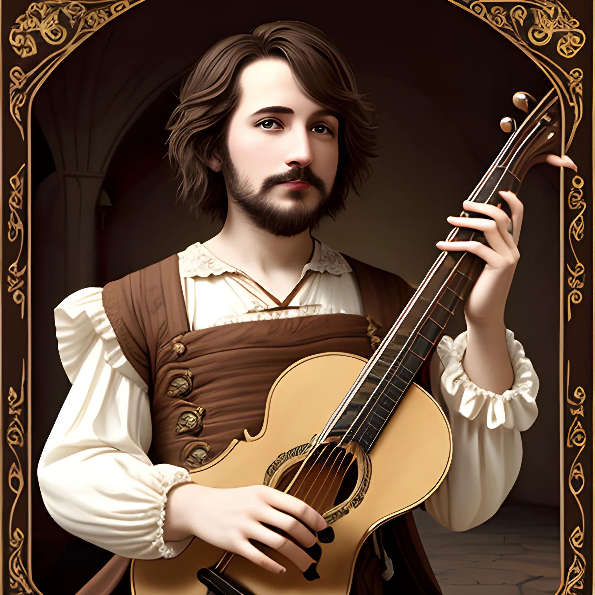 bard with short brown hair and a lute
