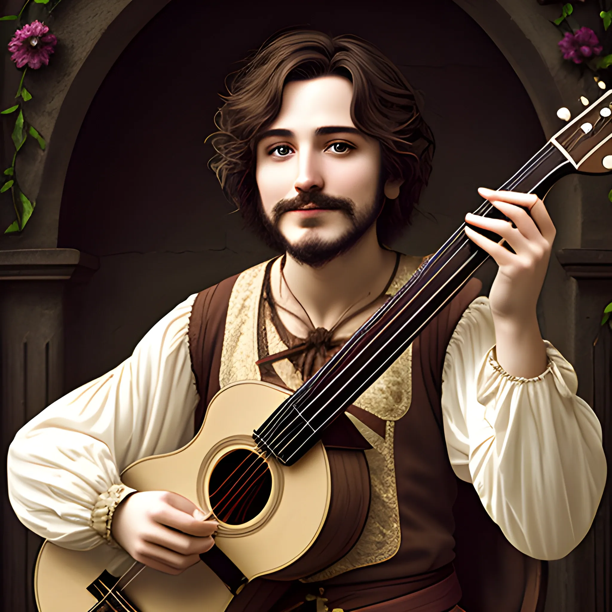 bard with short brown hair and a lute
