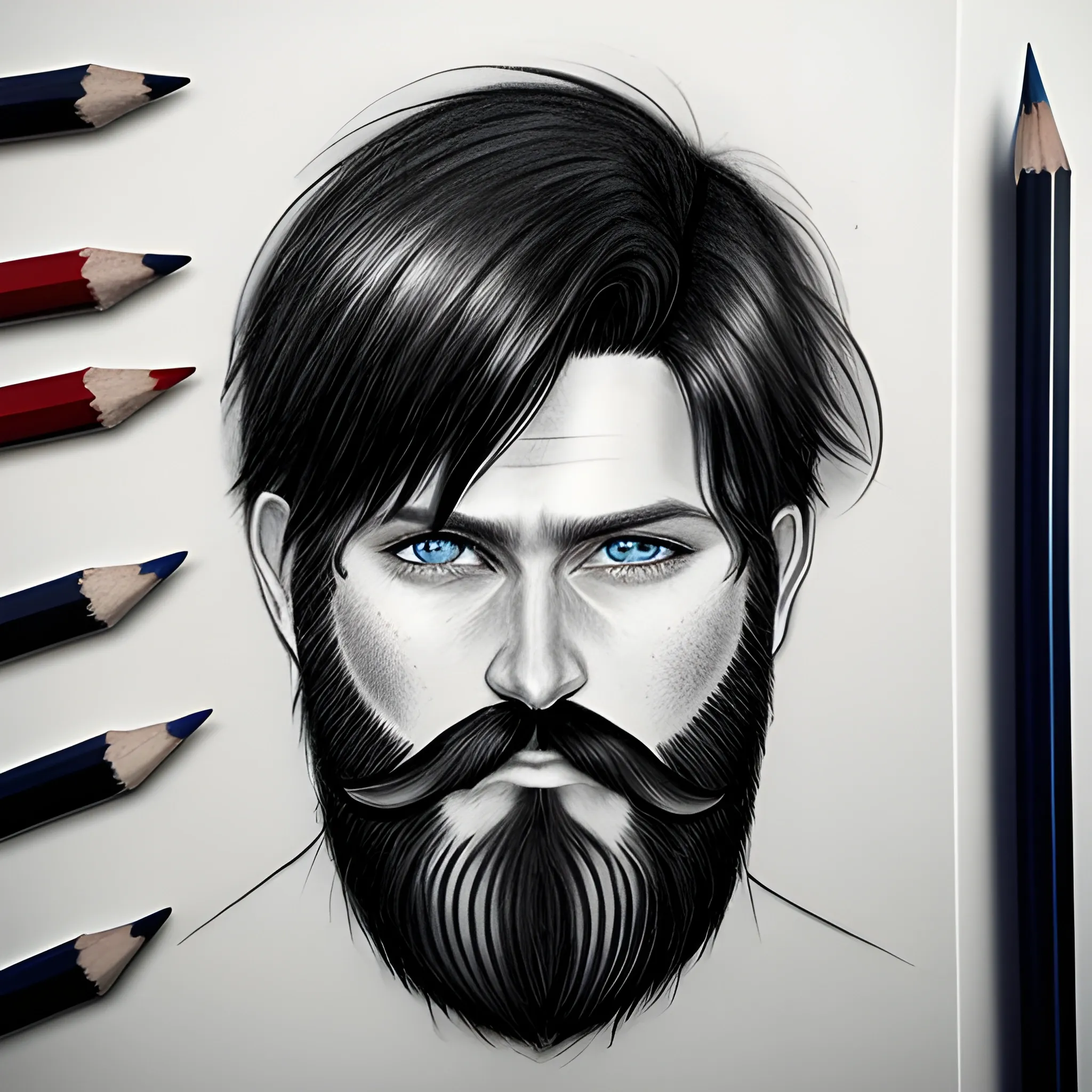 black hair,  beard, tattoos   ,blue eyes , Pencil Sketch