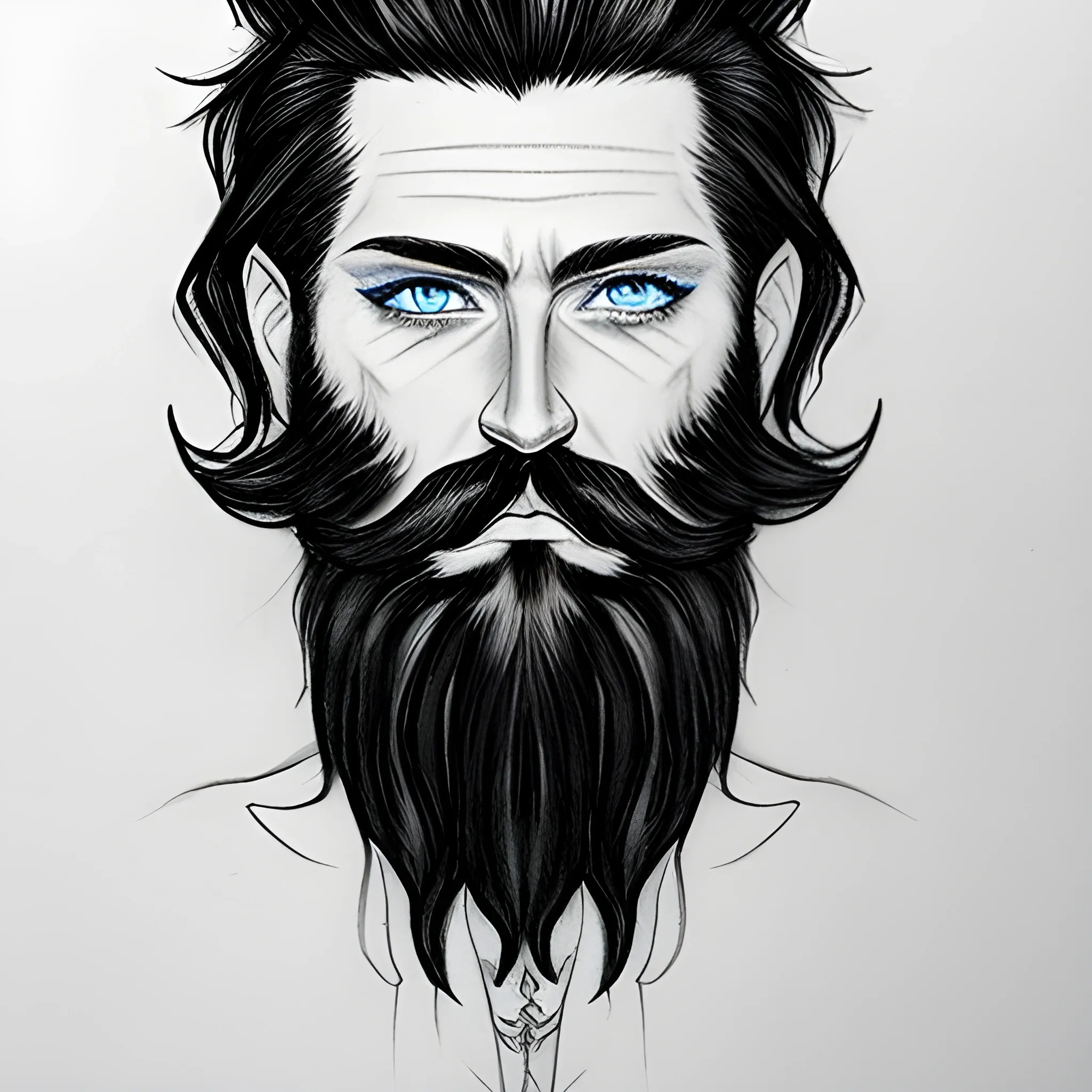 black hair,  beard, tattoos   ,blue eyes , Pencil Sketch