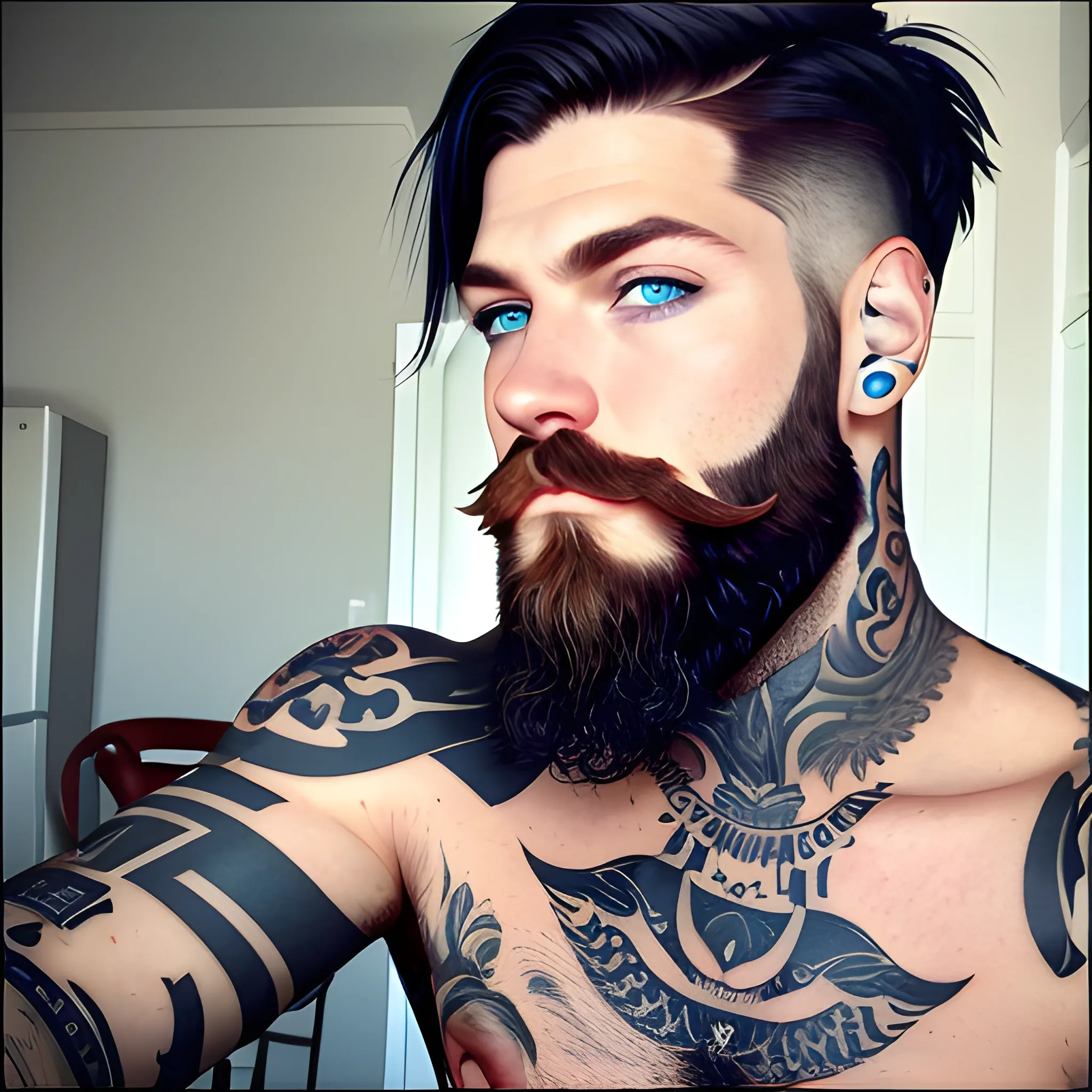 black short hair, beard, tattoos, blue eyes 
