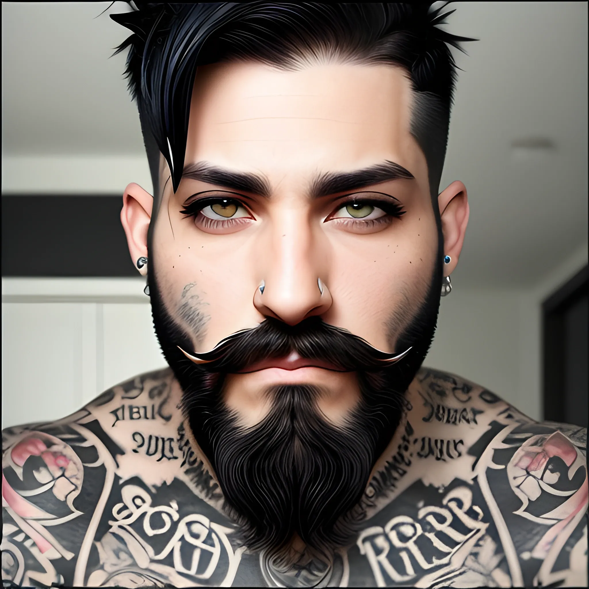 black short hair, black beard, tattoos, piercings, grey eyes 