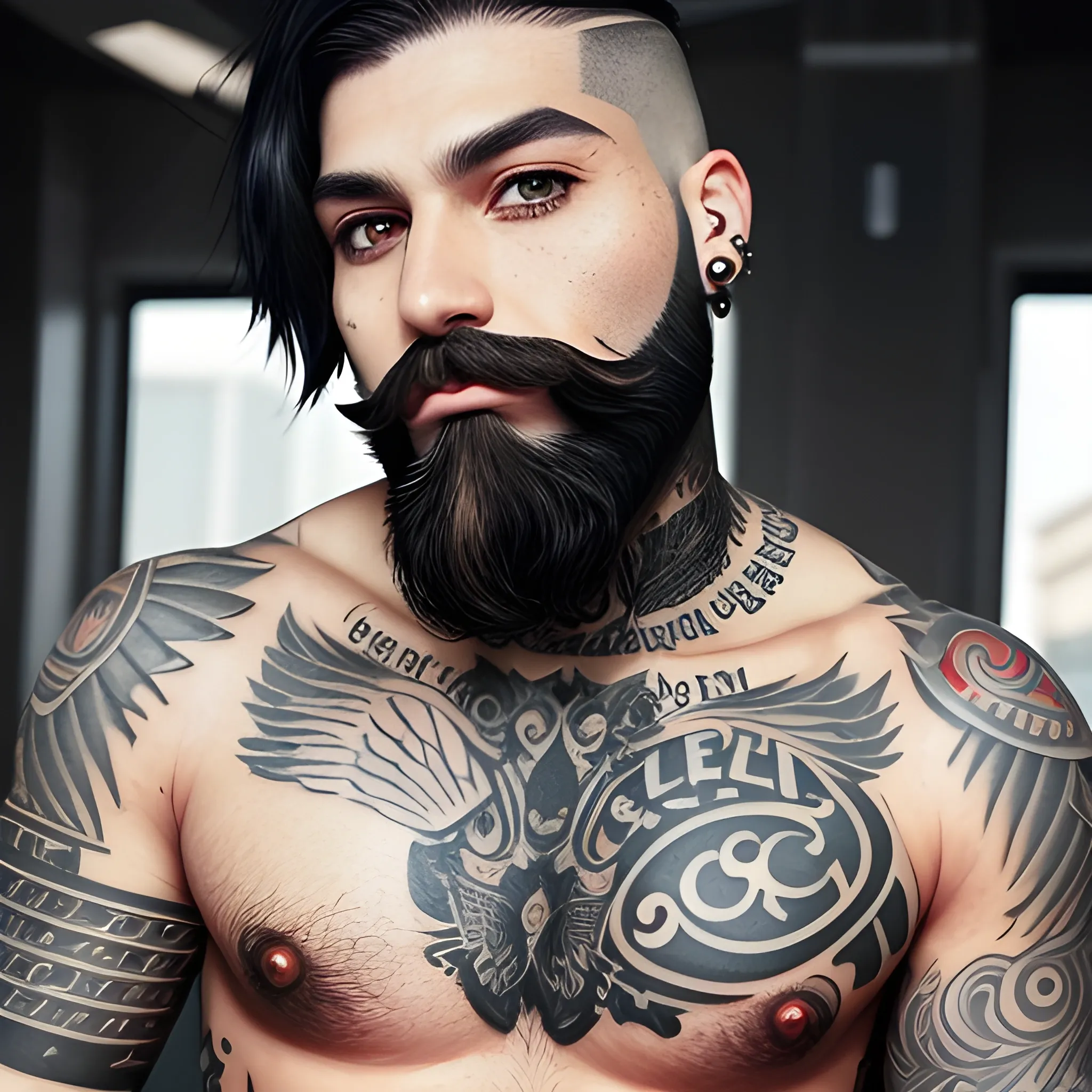 black short hair, black beard, tattoos, piercings, grey eyes 
