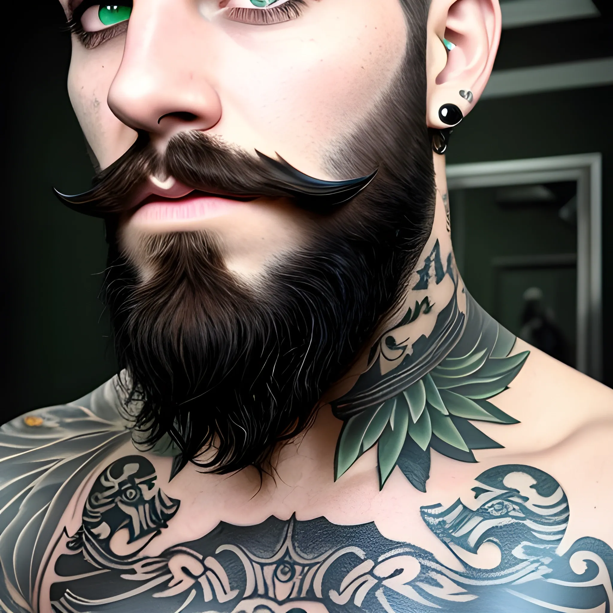 black short hair, black beard, tattoos, piercings, green eyes 