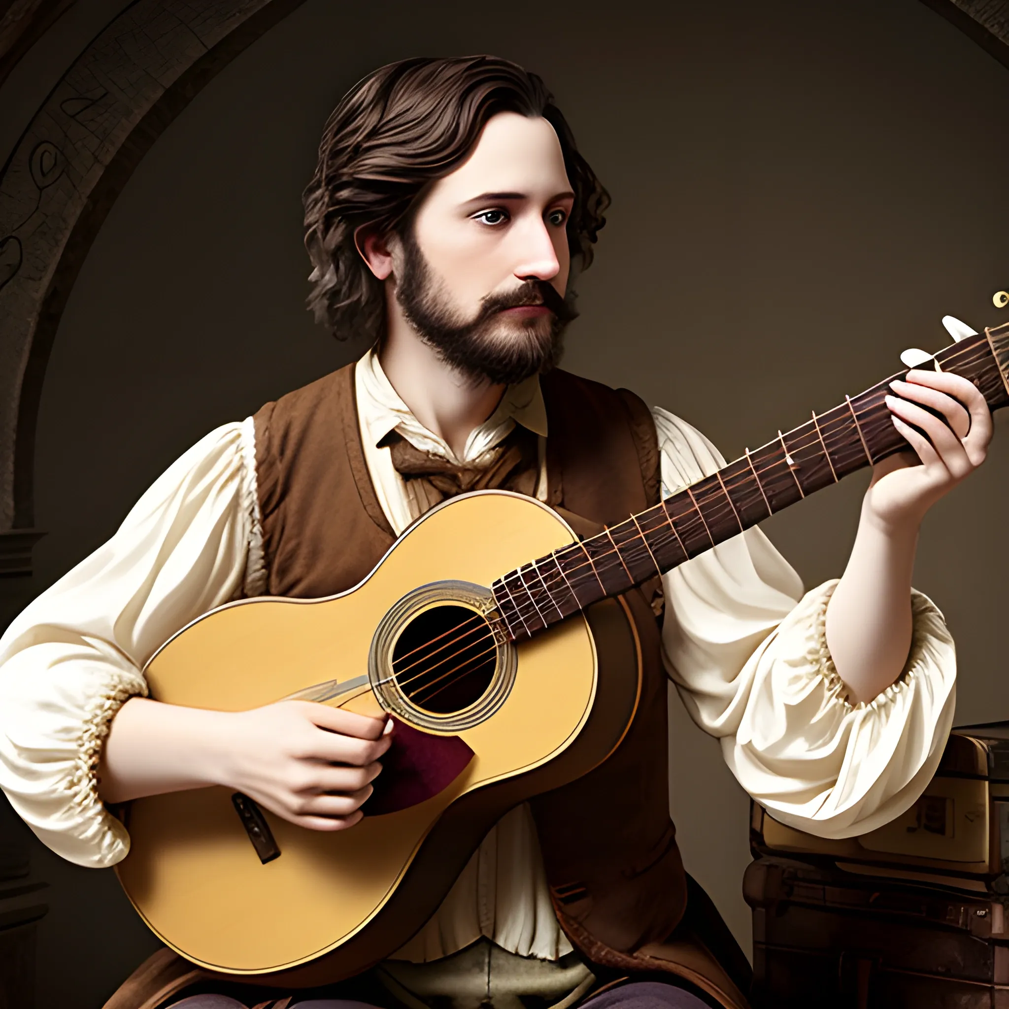 bard in traveling clothes with short brown hair and a lute
