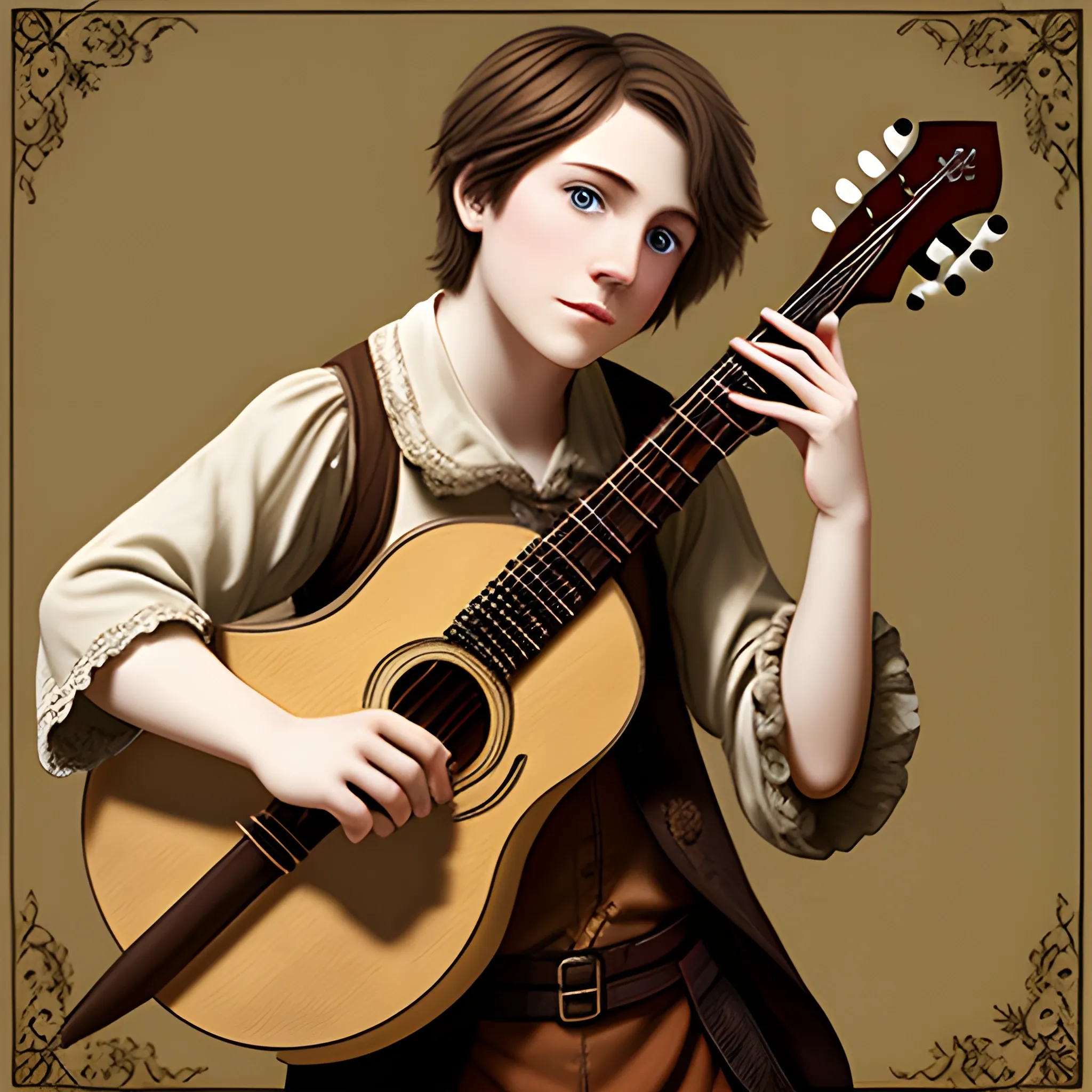 traveling bard with short brown hair and a lute
