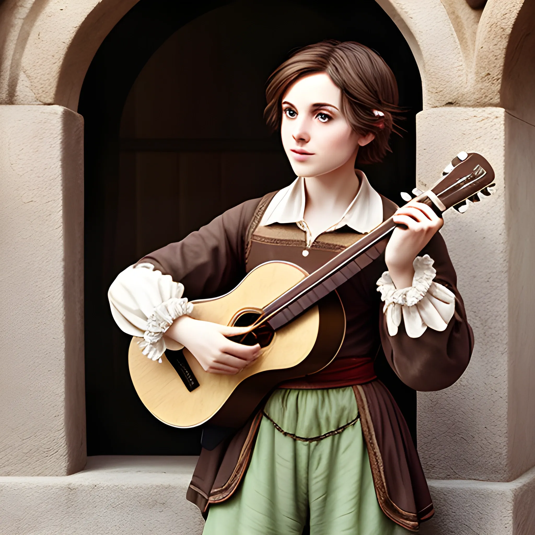 traveling bard with short brown hair and a lute
