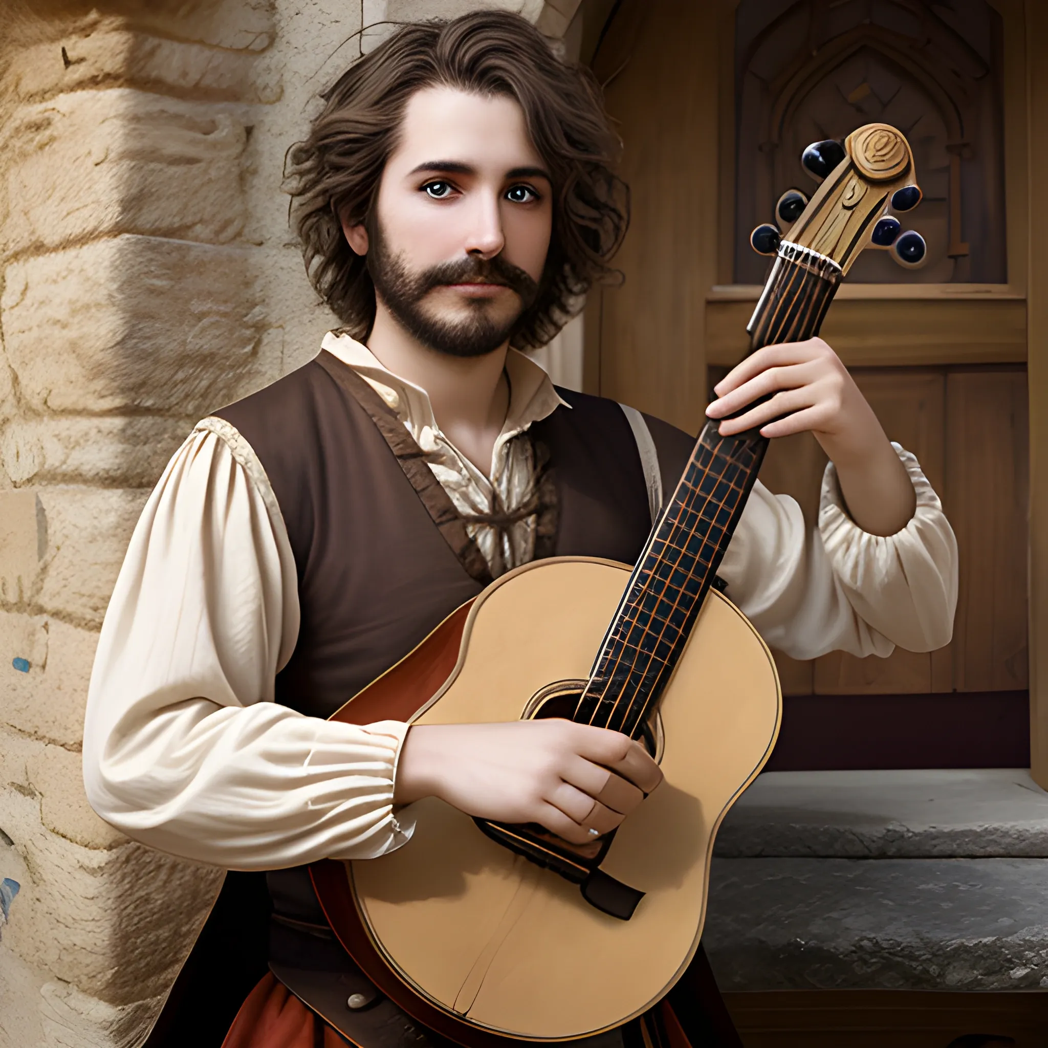 traveling bard with short brown hair light facial hair and a lute
