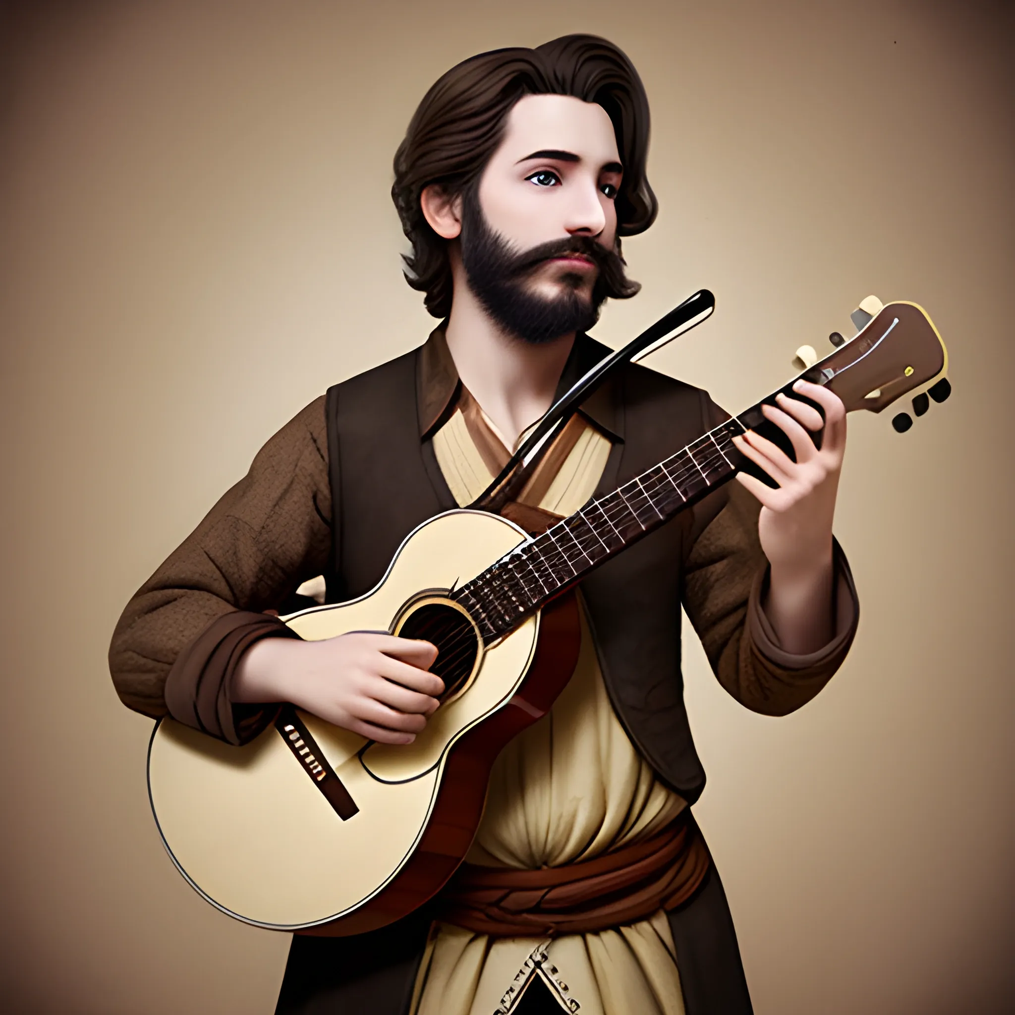 traveling bard with short brown hair light facial hair and a lute
