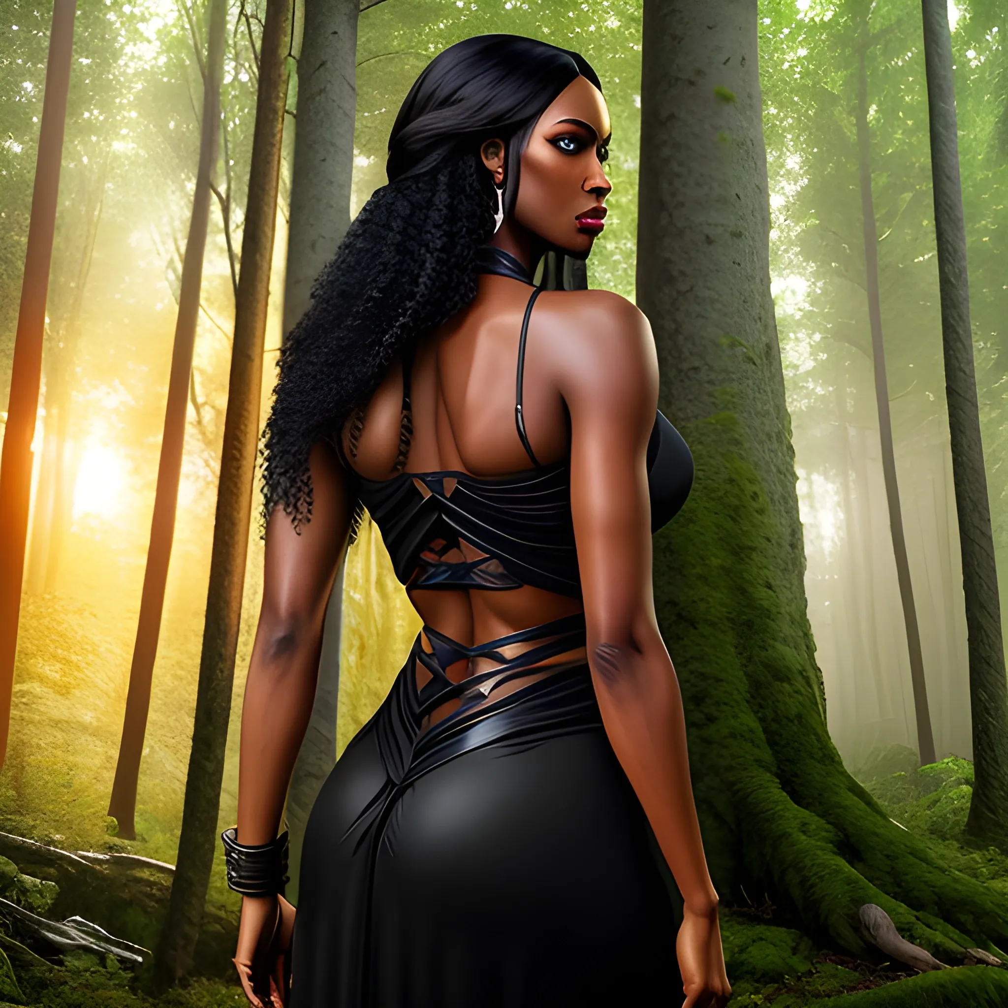 In this stunning depiction, capturing in a long shoot the intensity of a woman standing during sunset in a forest with her back to the camera and a man in the background, looking_at_viewer, long_hair, multiple_girls, black_hair, 2girls, jewelry, standing, cola, earrings, outdoors, parted_lips, solo_focus, day, looking_back, dark_skin, from_behind, dark-skinned_female, tree, lips, crop_top, back, nature, armlet, forest, realistic, bracer. This high-quality image rendered in 8K Ultra HD, immerses viewers in the intricate details of the scene. Whether it is a digitally enhanced photograph or an intricately painted masterpiece, this visually striking portrayal showcases the girl in his powerful glory.