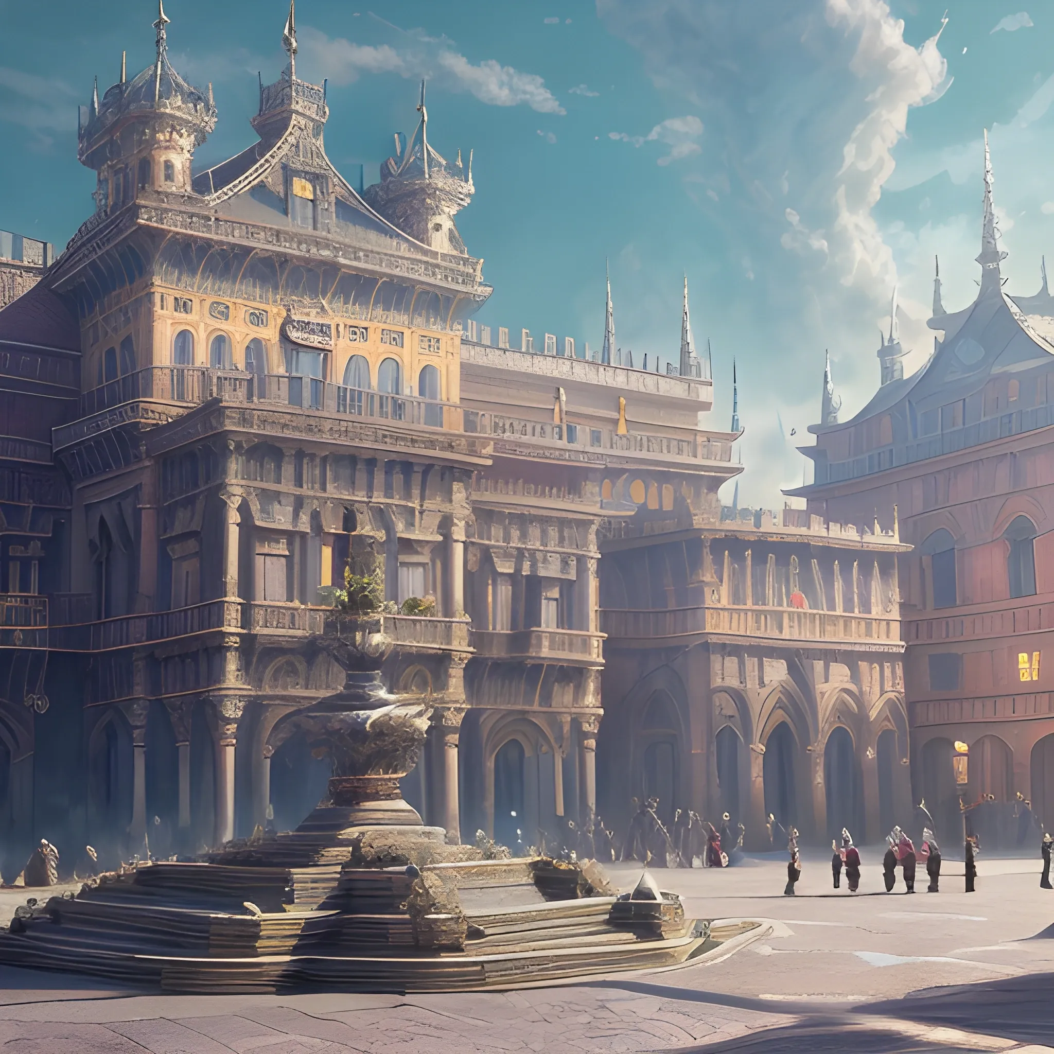 square in front of the palace, 8k, high resolution, high quality, photorealistic, hyperrealistic, detailed, detailed matte painting, deep color, fantastical, intricate detail, splash screen, complementary colors, fantasy concept art, 8k resolution trending on Artstation Unreal Engine