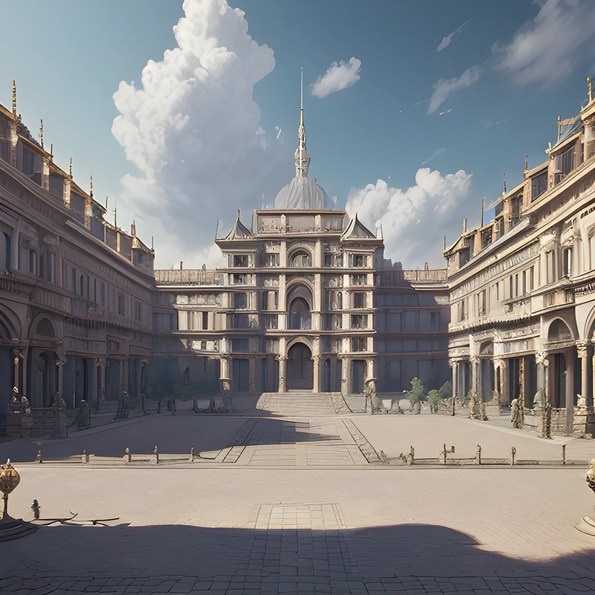 square in front of the palace, 8k, high resolution, high quality, photorealistic, hyperrealistic, detailed, detailed matte painting, deep color, fantastical, intricate detail, splash screen, complementary colors, fantasy concept art, 8k resolution trending on Artstation Unreal Engine