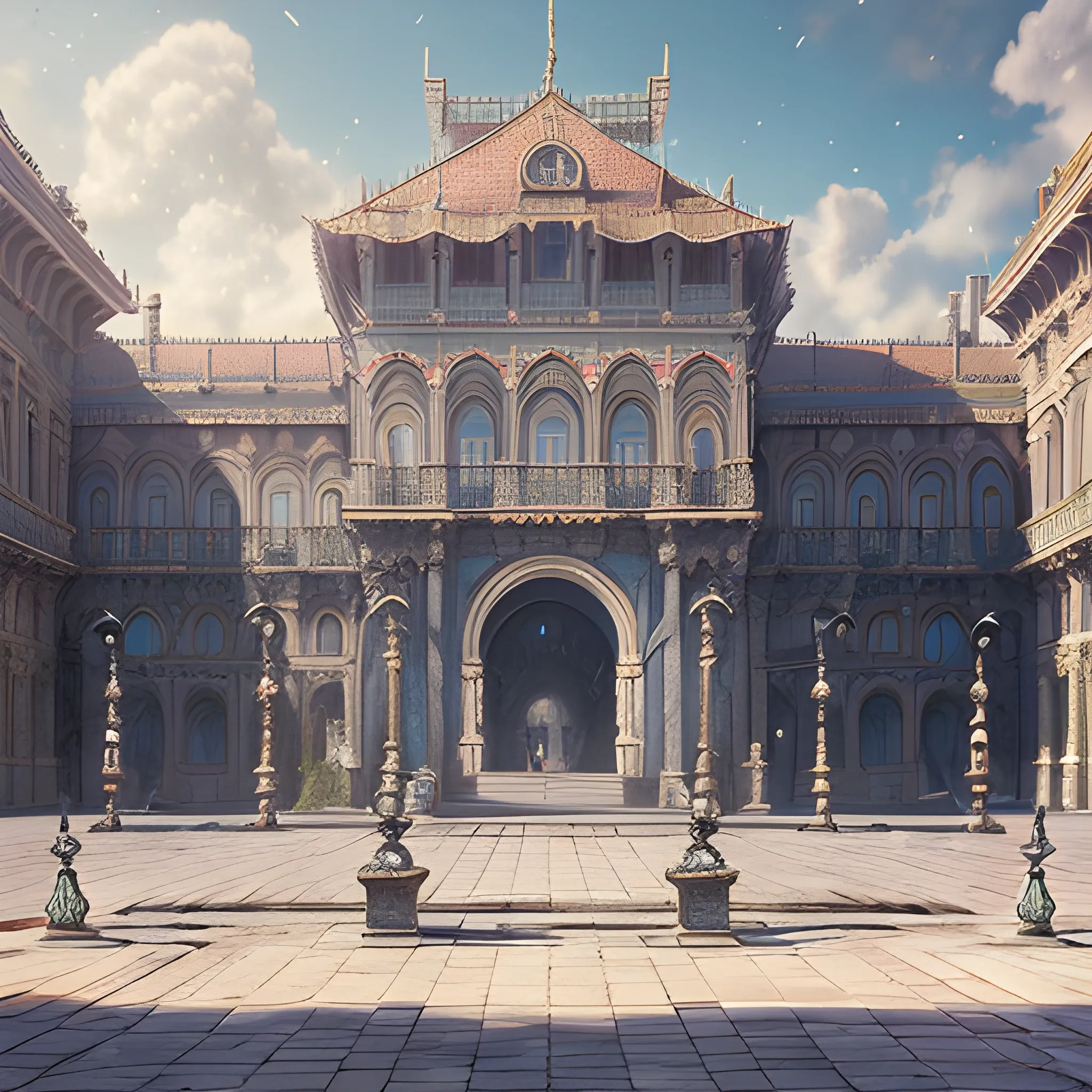 square in front of the palace, 8k, high resolution, high quality, photorealistic, hyperrealistic, detailed, detailed matte painting, deep color, fantastical, intricate detail, splash screen, complementary colors, fantasy concept art, 8k resolution trending on Artstation Unreal Engine