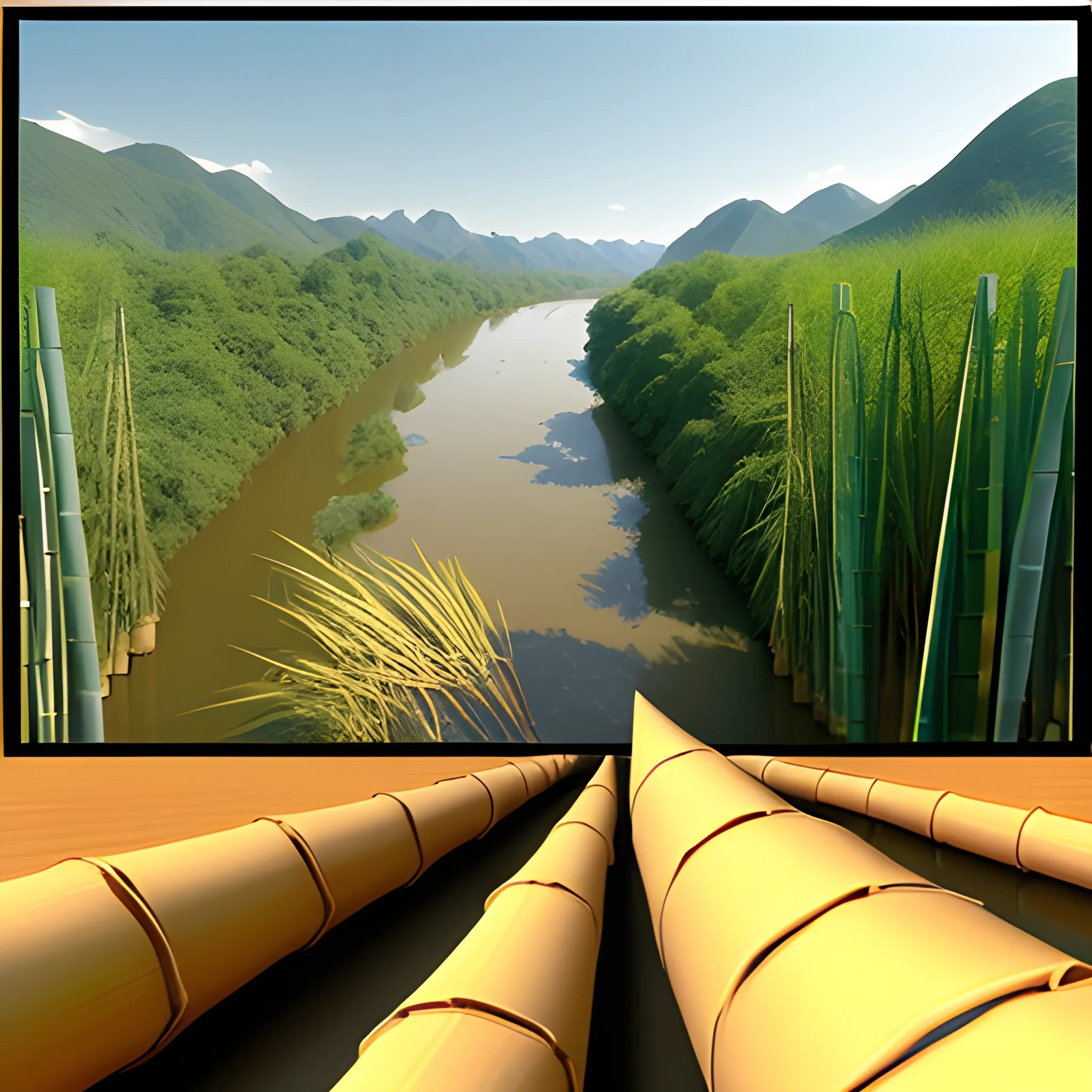 1 point perspective bamboo alongside only one side of a wide river fading into a distance