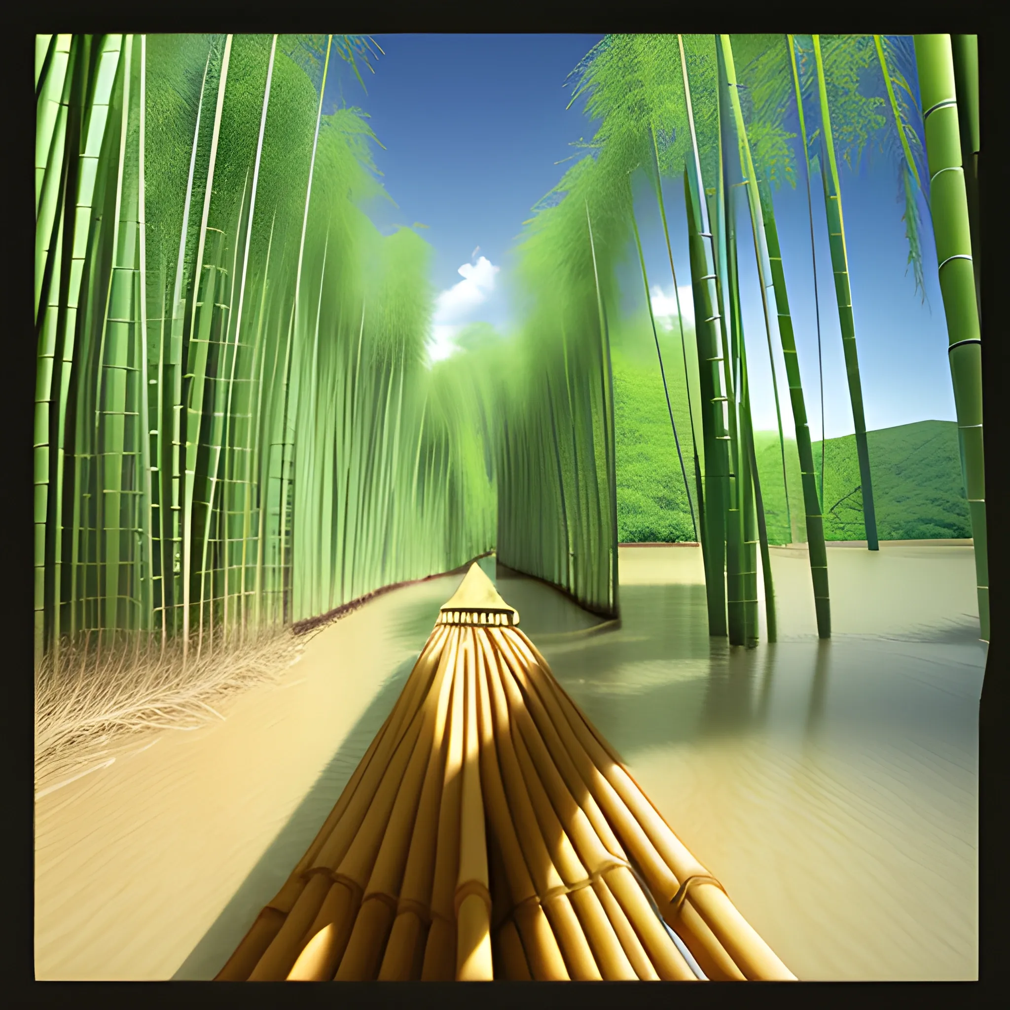 1 point perspective bamboo alongside only one side of a wide river fading into a distance