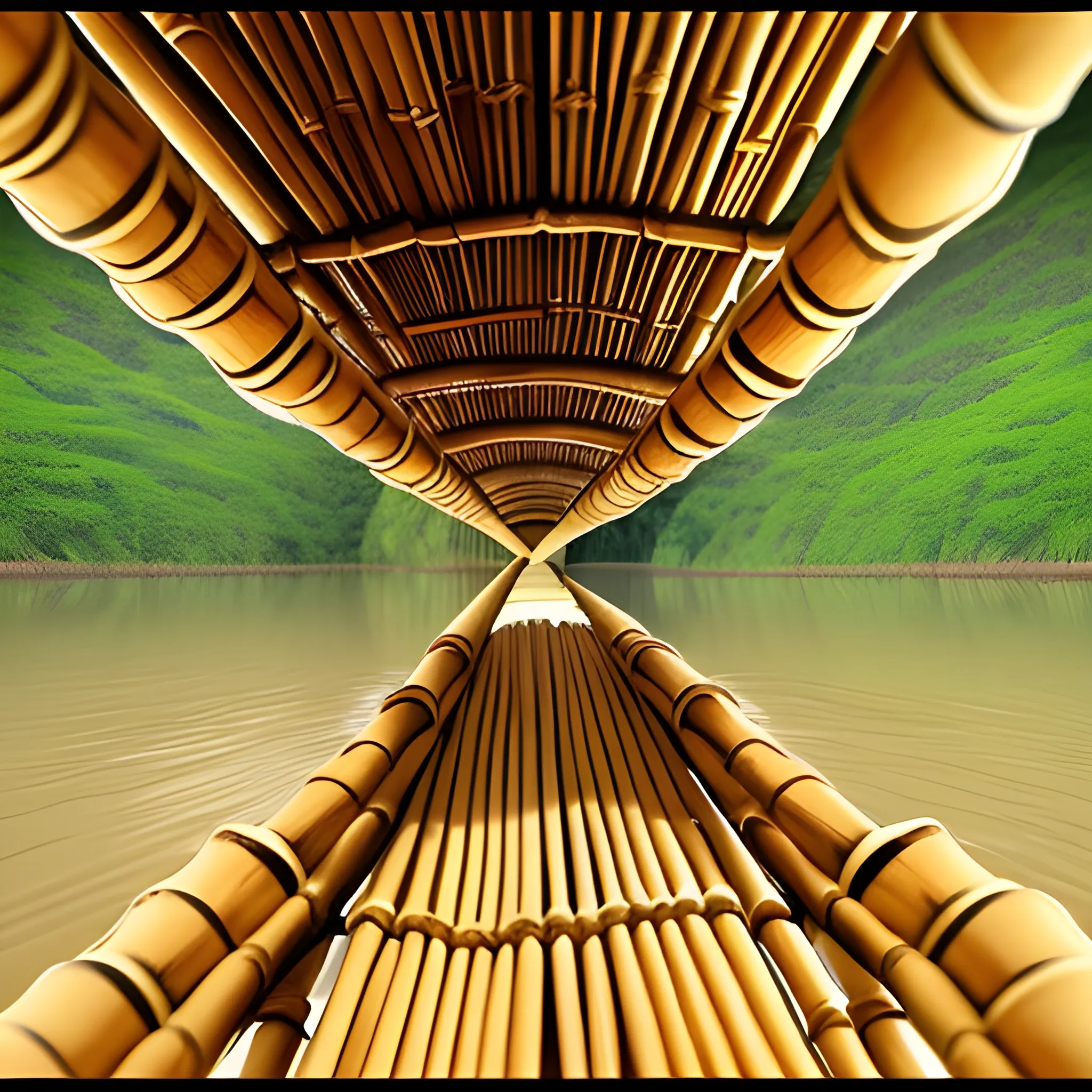 1 point perspective bamboo alongside only one side of a wide river fading into a distance