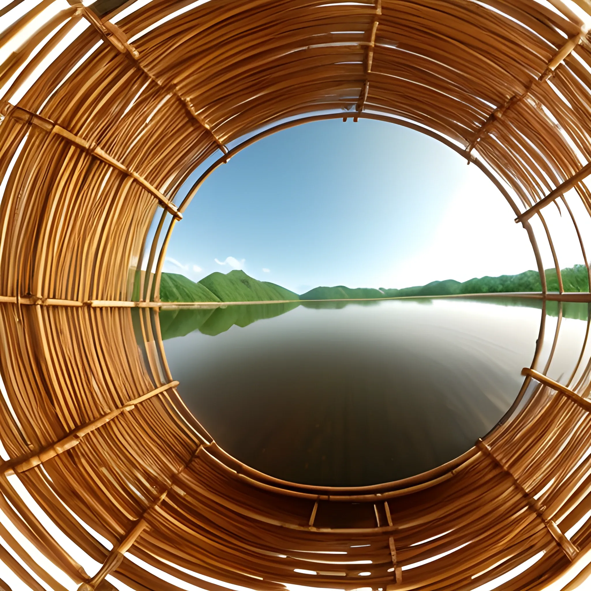 2 point perspective bamboo alongside only one side of a wide river fading into a distance