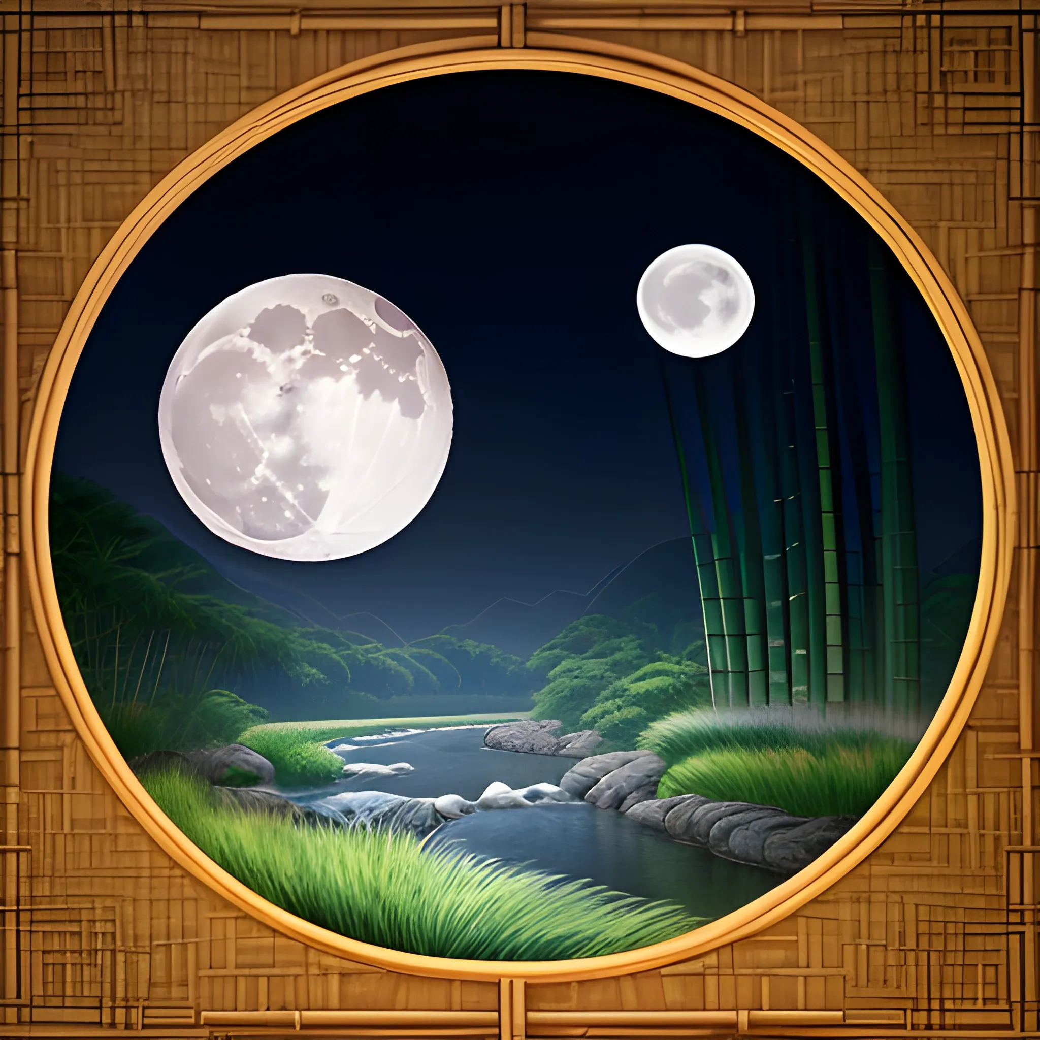 large moon in one corner shines over a river bend lined with bamboo