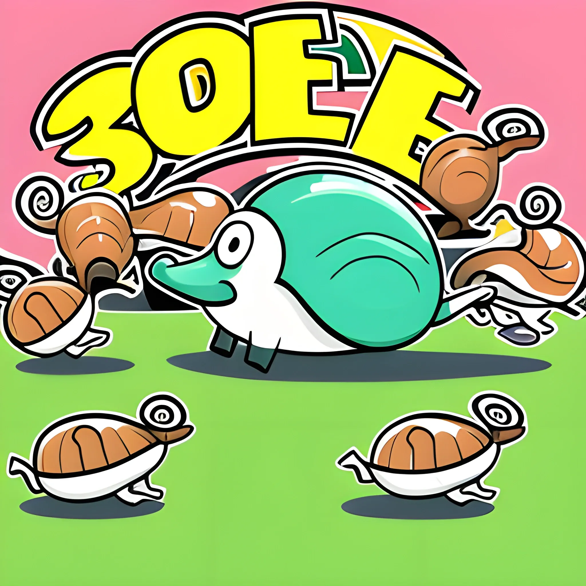 , Cartoon snails running a sprint towards the goal, which is bitcoin at $40,000.