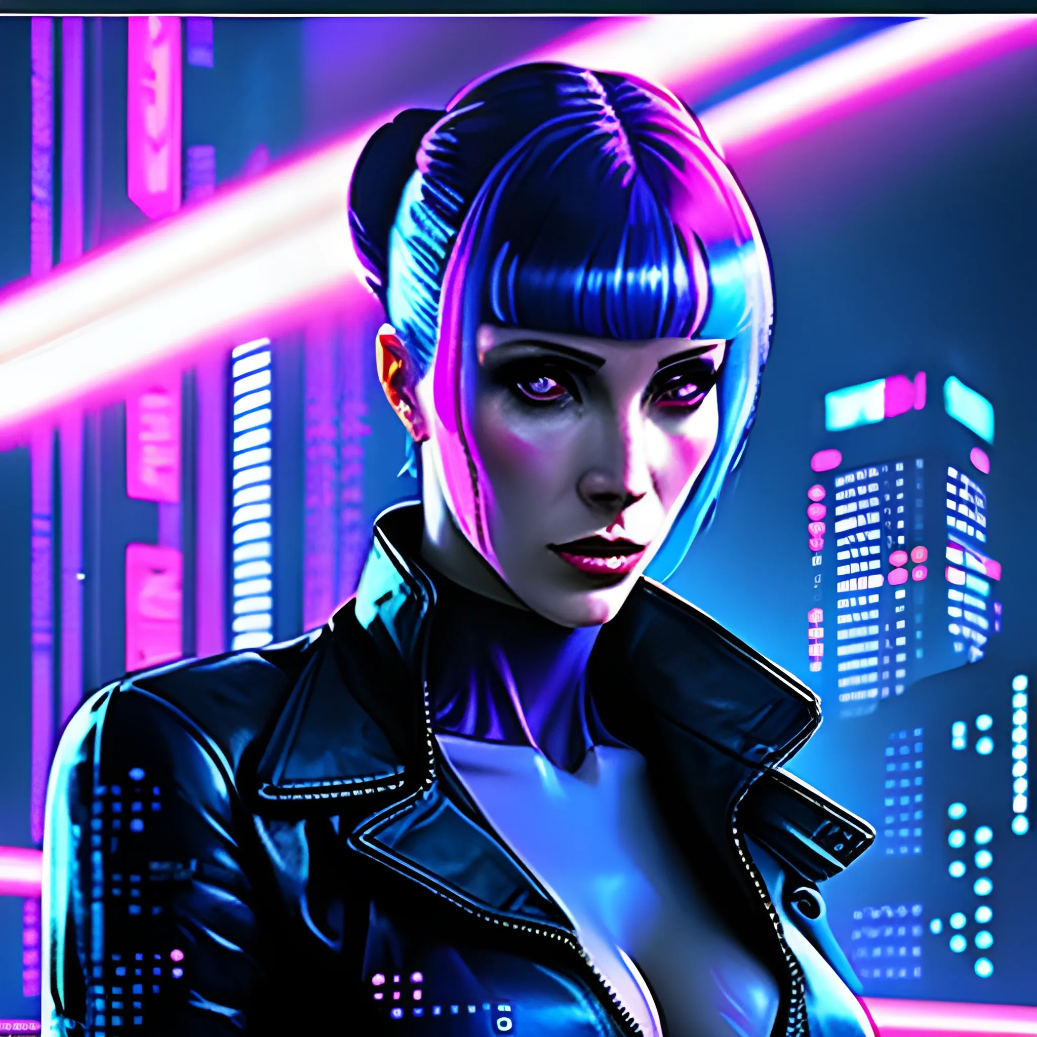 Blade Runner style image with purple, blue and pink tones, with a very attractive girl, and floating white Japanese letters in the Matrix and Blade Runner style. lovecore image, Trippy