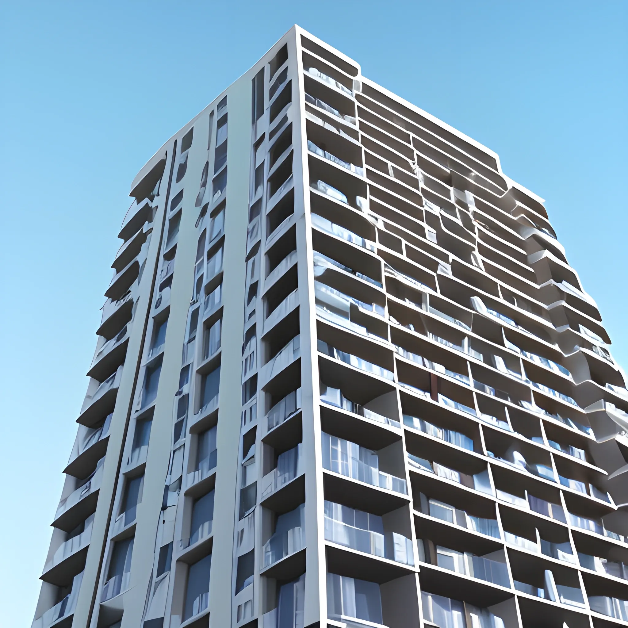 a tall building, 3D, with balconies, big windows 