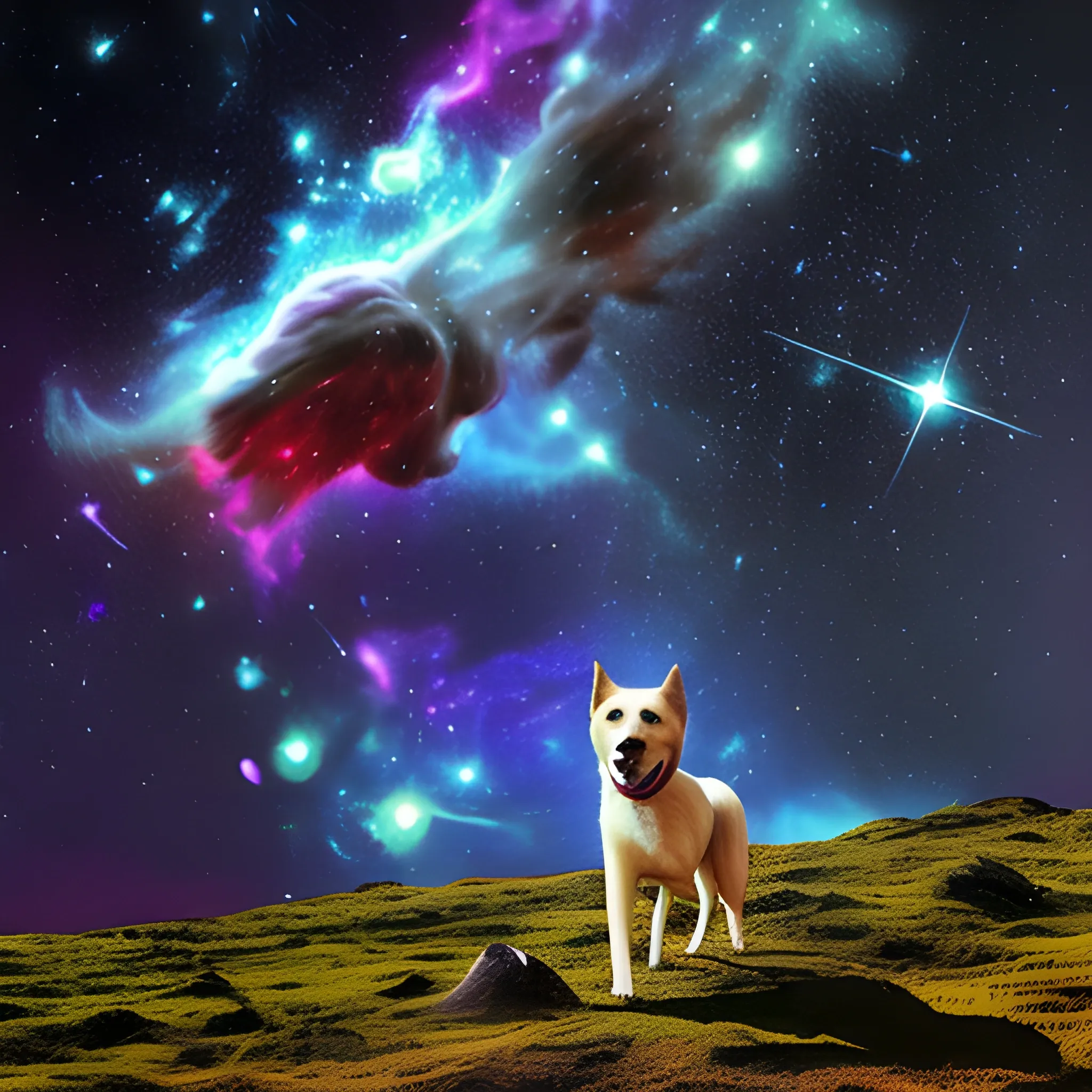 , Trippy German dog roaming around to intergalactic space with many stars and nebula  