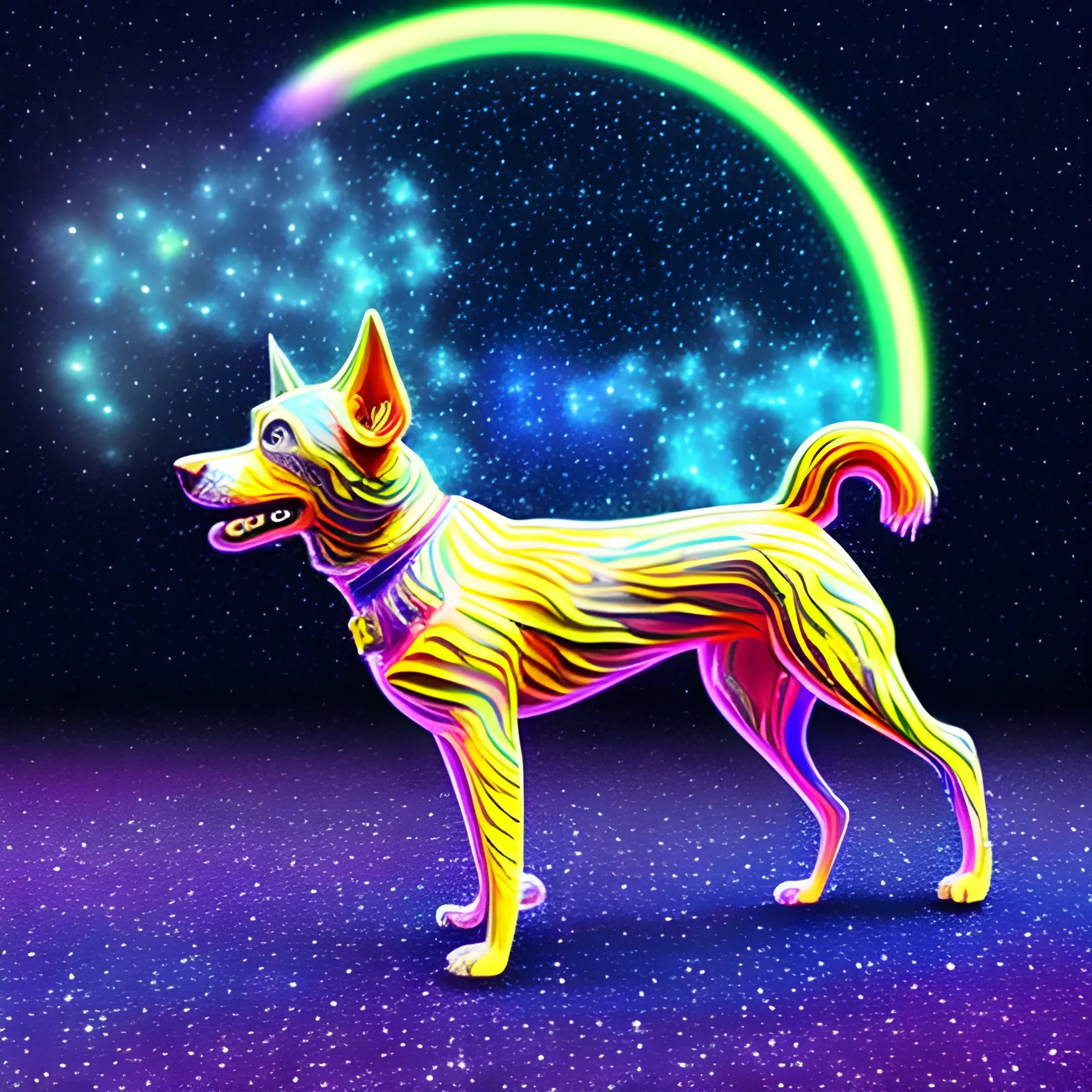 , Trippy German dog roaming around to intergalactic space with many stars and nebula  , Cartoon, 3D