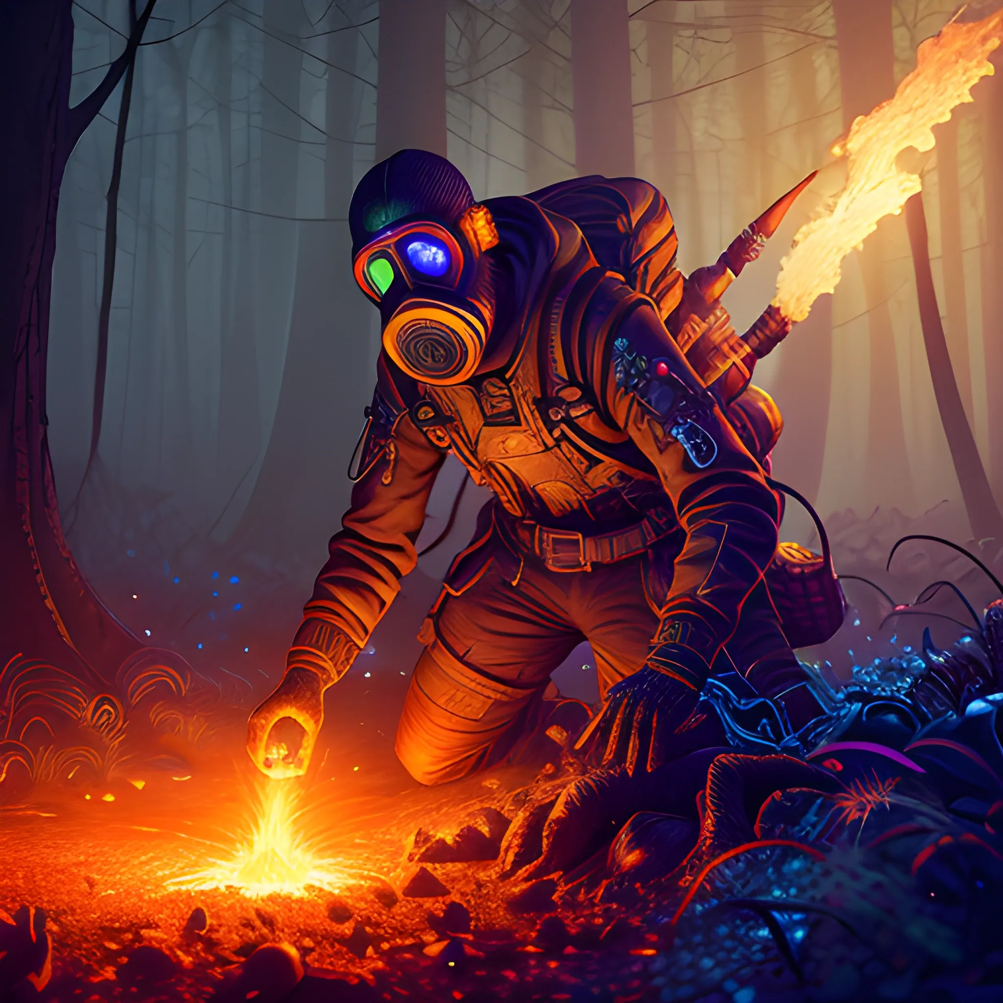 Pyroman, flamethrower, fire, gas mask, luminous colorful sparkles, ominous, eldritch, macabre, spooky; by James R. Eads, Gawki, rajewel, Tania Rivilis, Dan Mumford, glitter, airbrush, Octane Render, elegant, volumetric lighting, 16k; detailed matte painting, deep color, fantastical, intricate detail, splash screen, complementary colors, fantasy concept art, 8k resolution trending on Artstation Unreal Engine 5, forest, trees on fire, big forest, man in forest, Forest fire
