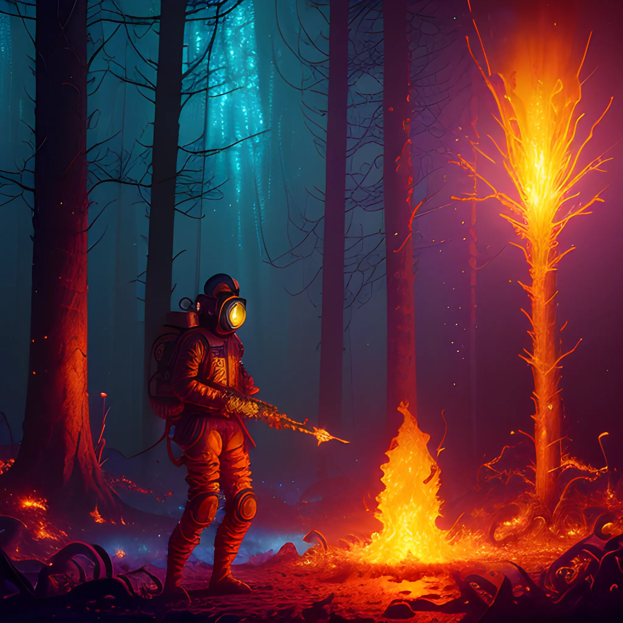 Pyroman, flamethrower, fire, gas mask, luminous colorful sparkles, ominous, eldritch, macabre, spooky; by James R. Eads, Gawki, rajewel, Tania Rivilis, Dan Mumford, glitter, airbrush, Octane Render, elegant, volumetric lighting, 16k; detailed matte painting, deep color, fantastical, intricate detail, splash screen, complementary colors, fantasy concept art, 8k resolution trending on Artstation Unreal Engine 5, forest, trees on fire, big forest, man in forest, Forest fire
