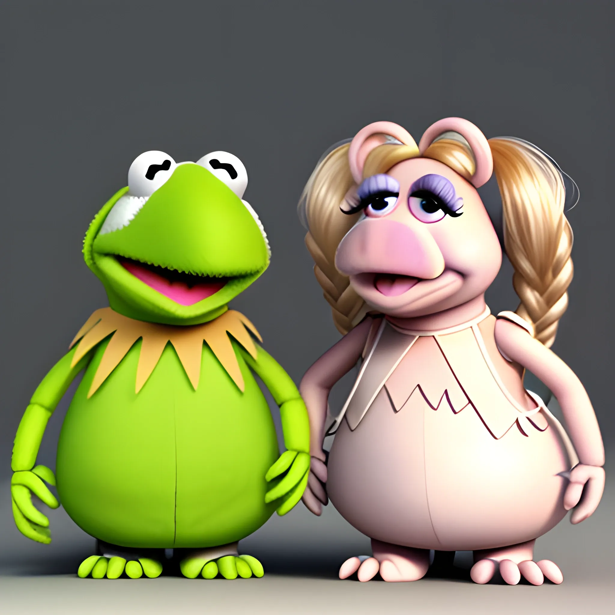 , 3D, cartoon, hip hop dressed muppets, muppet show, ms piggy wearing long braids, Kermit , Cartoon, 3D