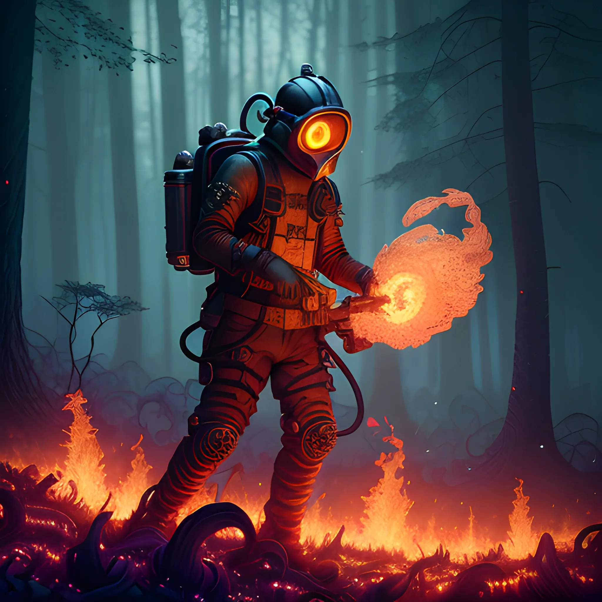 Pyroman, flamethrower, fire, gas mask, luminous colorful sparkles, ominous, eldritch, macabre, spooky; by James R. Eads, Gawki, rajewel, Tania Rivilis, Dan Mumford, glitter, airbrush, Octane Render, elegant, volumetric lighting, 16k; detailed matte painting, deep color, fantastical, intricate detail, splash screen, complementary colors, fantasy concept art, 8k resolution trending on Artstation Unreal Engine 5, forest, trees on fire, big forest, man in forest, Forest fire
