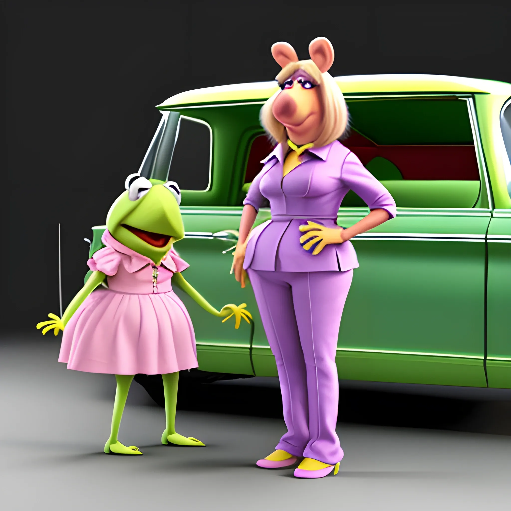 3D, cartoon, hip hop dressed muppets, ms piggy wearing long individual braids, Kermit , standing in front of black 1964 chevy,Cartoon, 3D