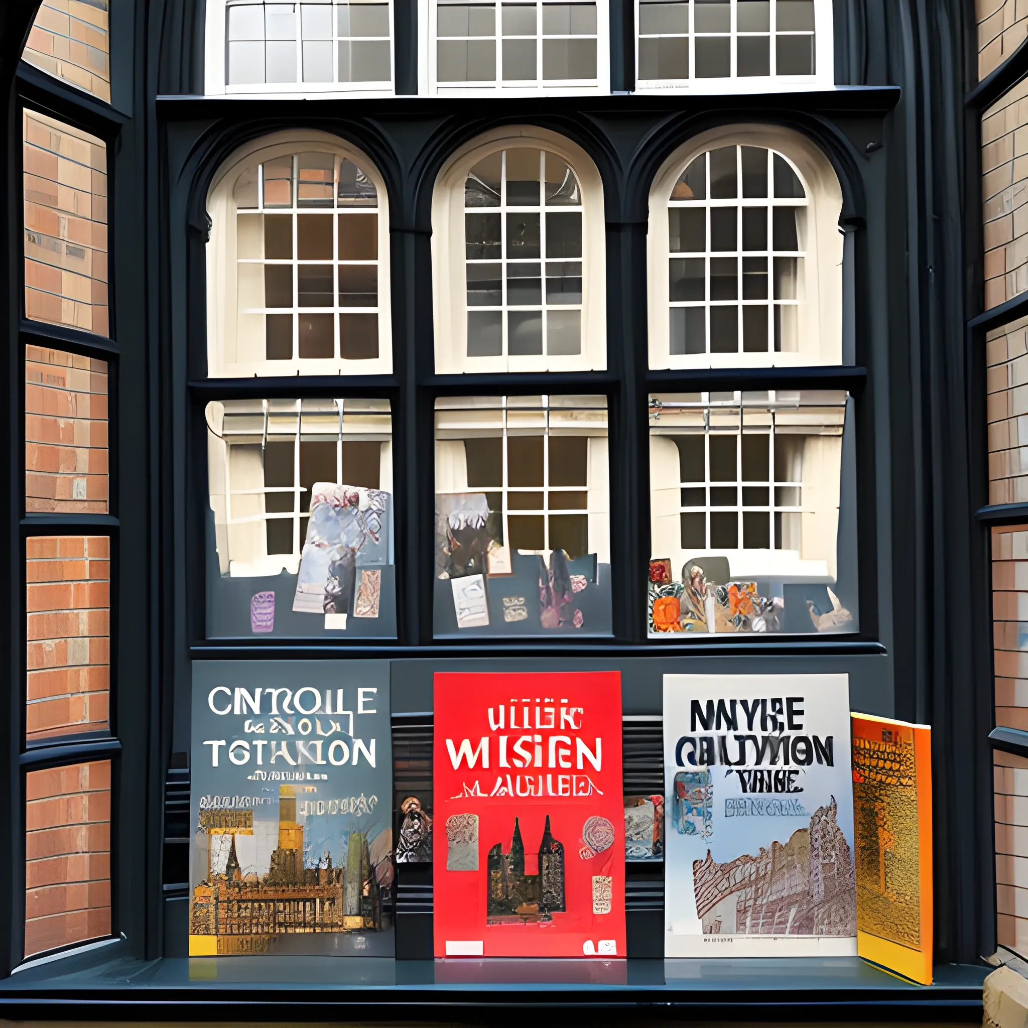 book cover window, outside old london city, comic
