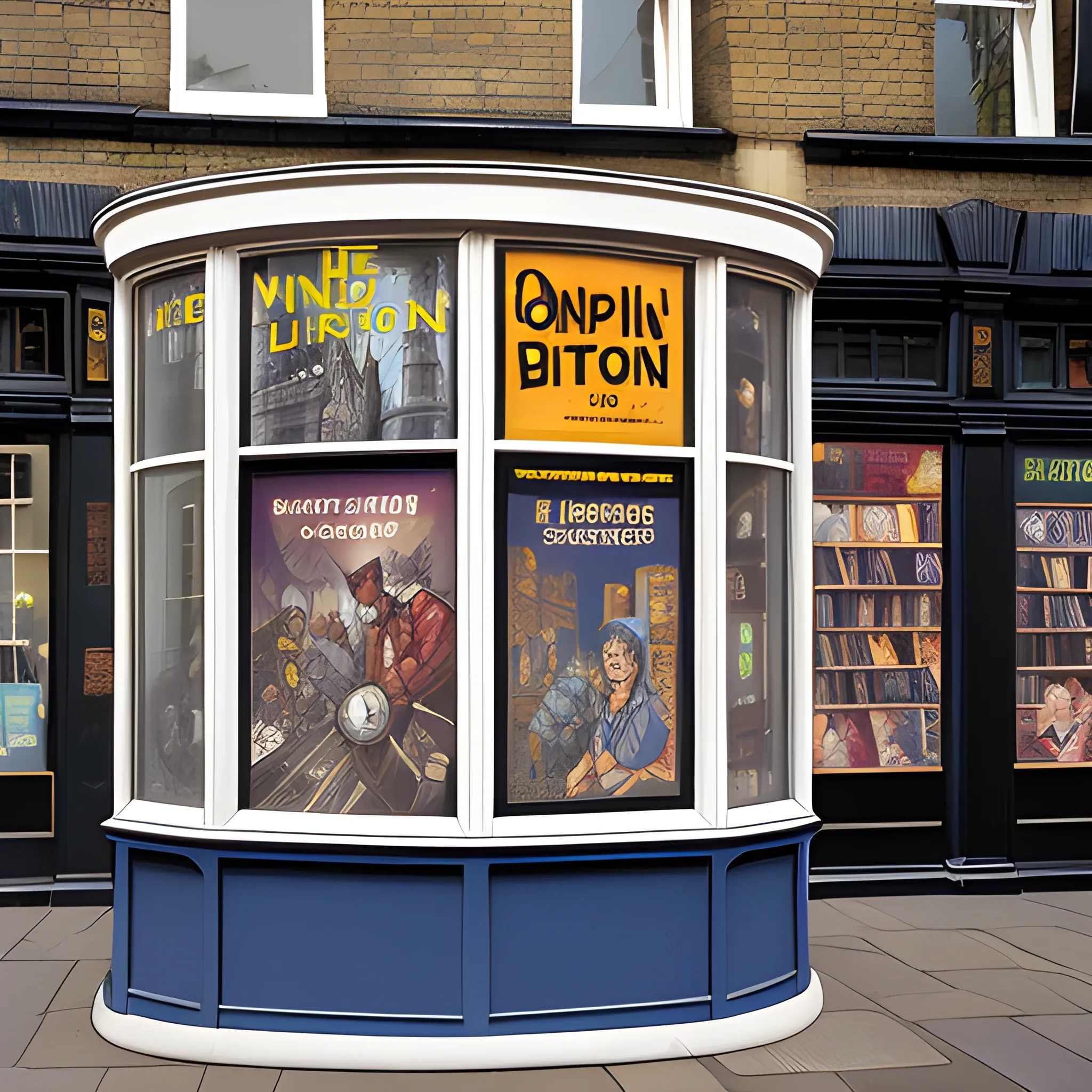 book cover window, outside old london city, comic
