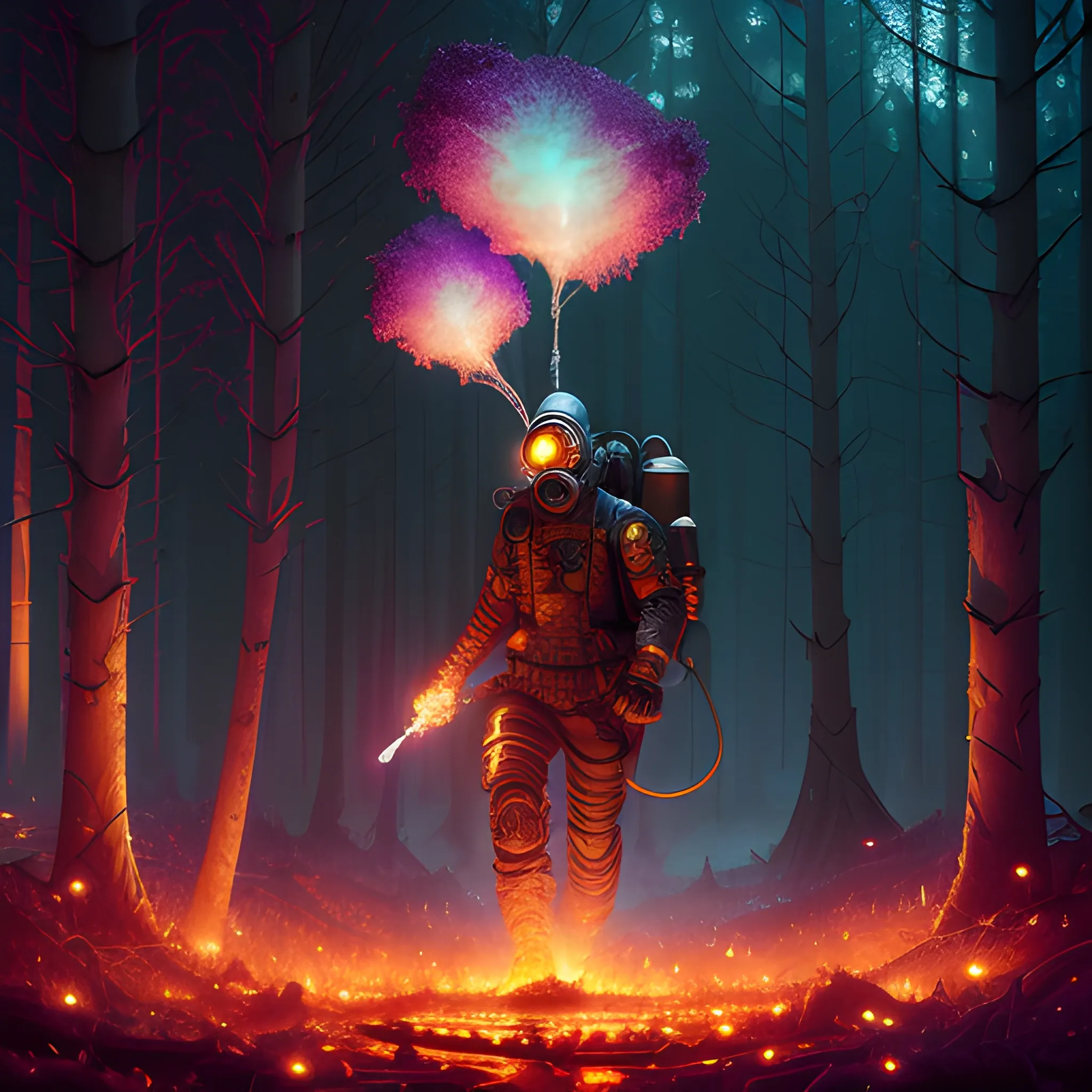 Pyroman, flamethrower, fire, gas mask, luminous colorful sparkles, ominous, eldritch, macabre, spooky; by James R. Eads, Gawki, rajewel, Tania Rivilis, Dan Mumford, glitter, airbrush, Octane Render, elegant, volumetric lighting, 16k; detailed matte painting, deep color, fantastical, intricate detail, splash screen, complementary colors, fantasy concept art, 8k resolution trending on Artstation Unreal Engine 5, forest, trees on fire, big forest, man in forest, Forest fire, standing, walking, flamethrower
