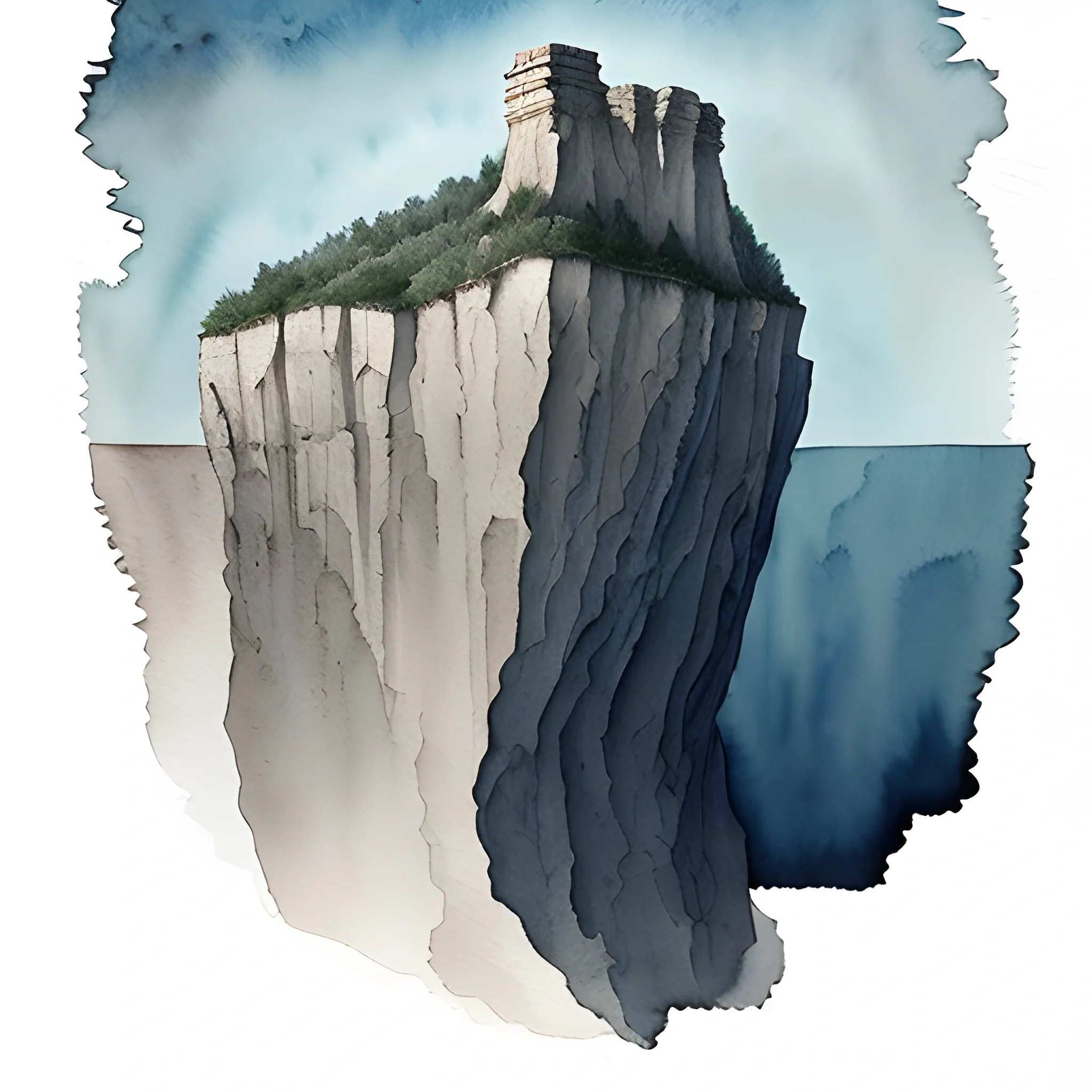 Create a striking watercolor illustration of rugged cliffs, emphasizing the sense of depth and void. Concentrate on the intricate details of the cliffs and the vast emptiness beyond them. Utilize a muted color palette to evoke a feeling of solitude and isolation