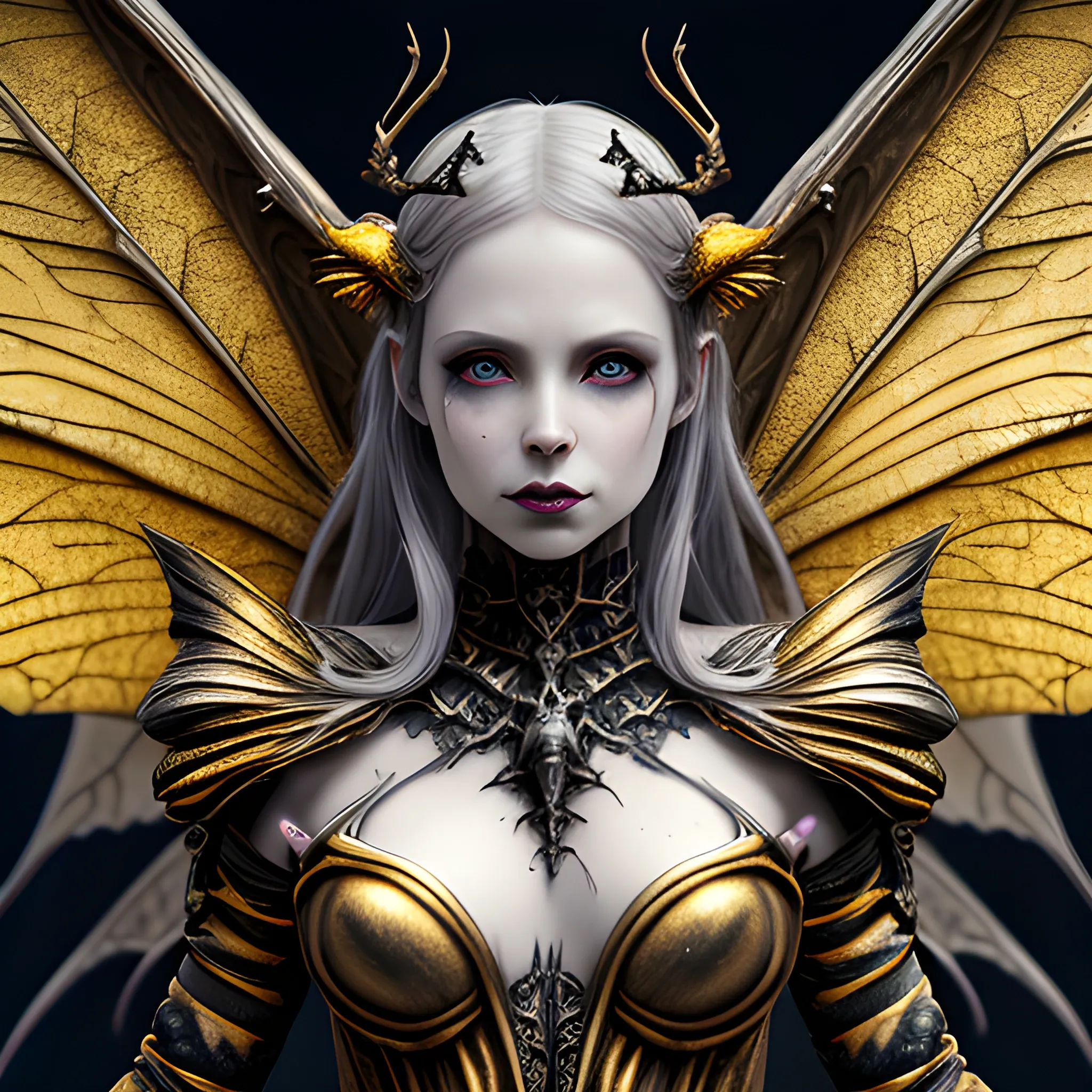 evil fairy, dark fairy, view above waist, high fantasy, insane detailed face, 8k, high resolution, high quality, detailed, photorealistic, hyperrealistic, detailed matte painting, deep color, fantastical, intricate detail, splash screen, yellow and black, fantasy concept art, pale skin, gold wings, wasp