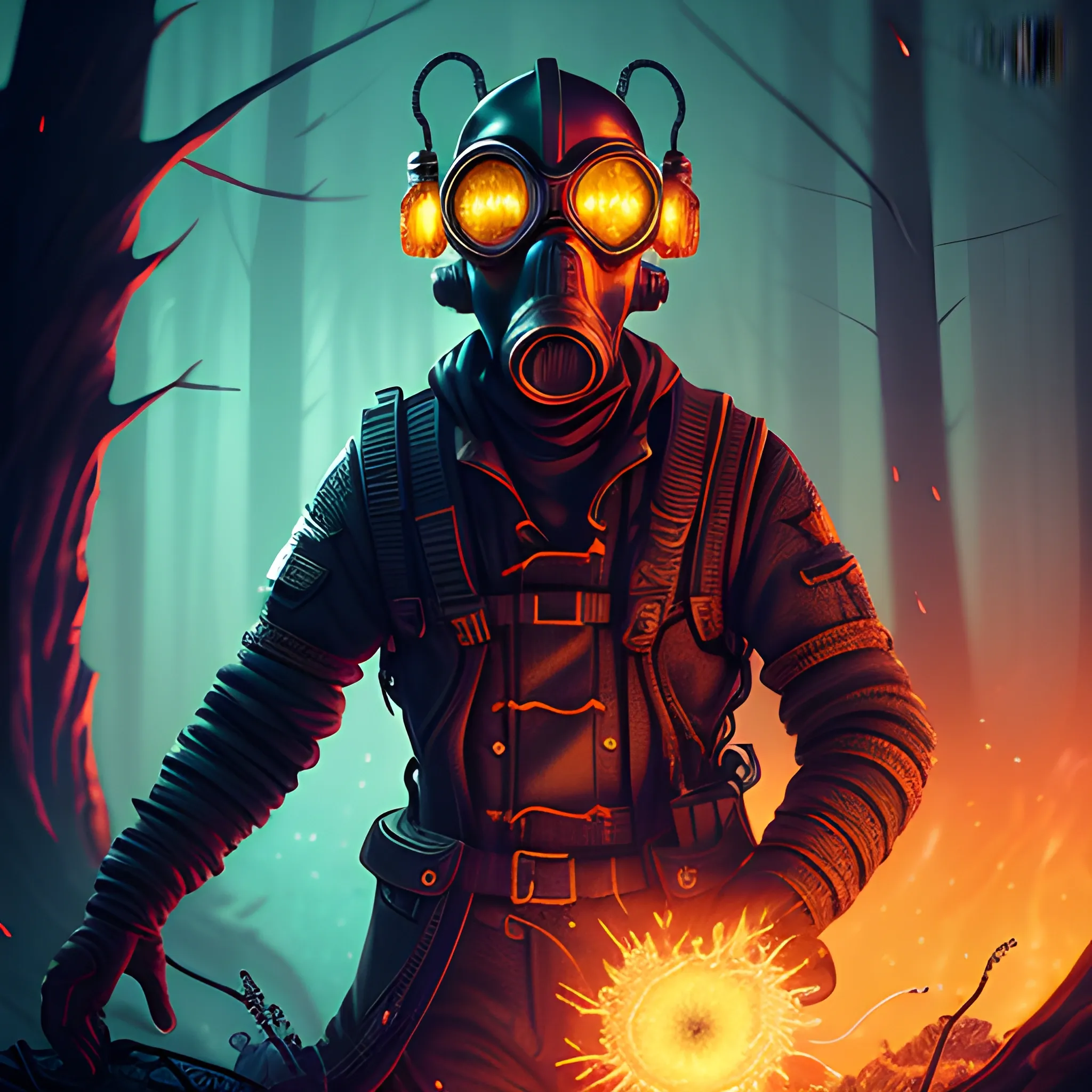 Pyroman, flamethrower, fire, gas mask, luminous colorful sparkles, ominous, eldritch, macabre, spooky; by James R. Eads, Gawki, rajewel, Tania Rivilis, Dan Mumford, glitter, airbrush, Octane Render, elegant, volumetric lighting, 16k; detailed matte painting, deep color, fantastical, intricate detail, splash screen, complementary colors, fantasy concept art, 8k resolution trending on Artstation Unreal Engine 5, forest, trees on fire, big forest, man in forest, Forest fire, explosions
