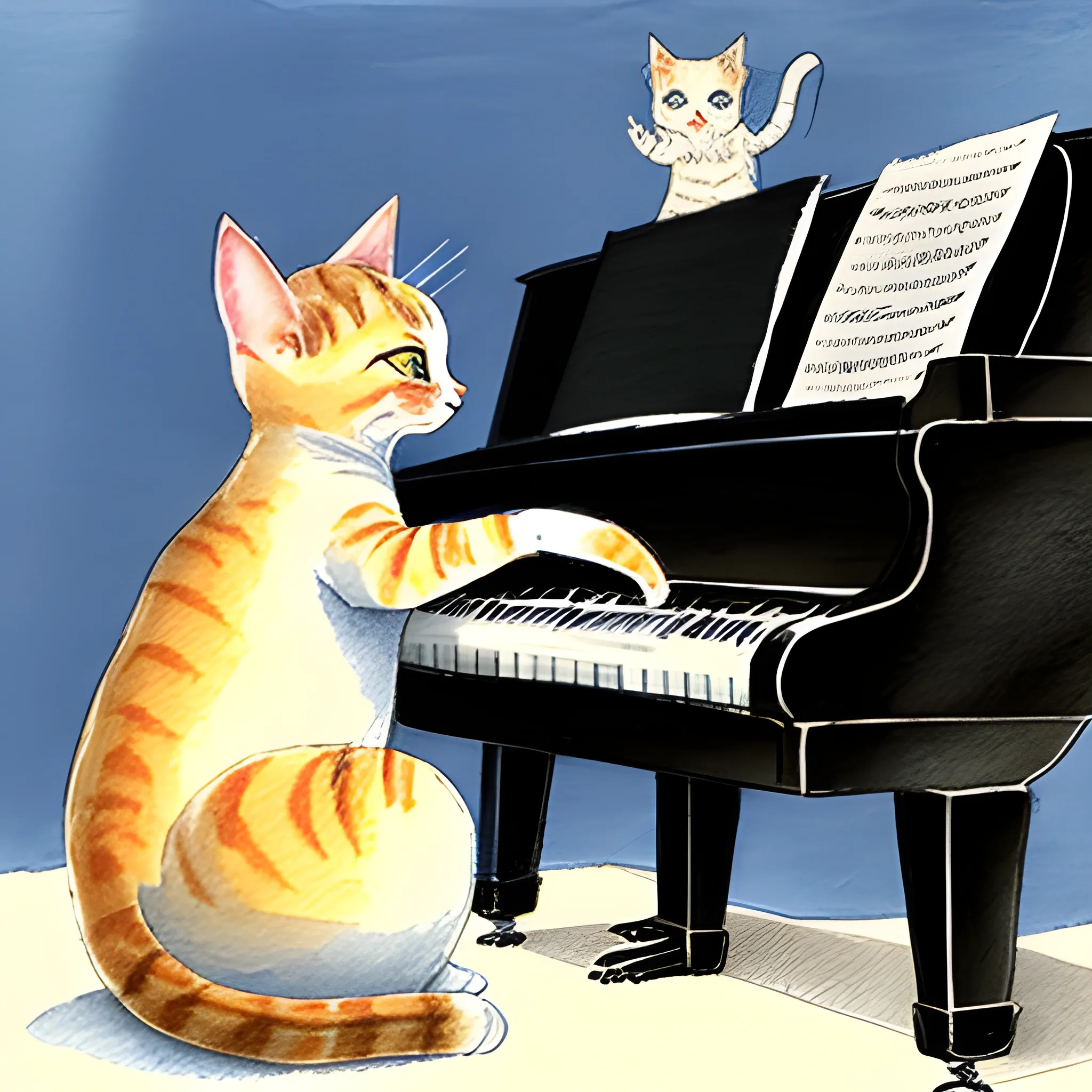 illustrate scene of cat playing piano, Water Color, Pencil Sketch