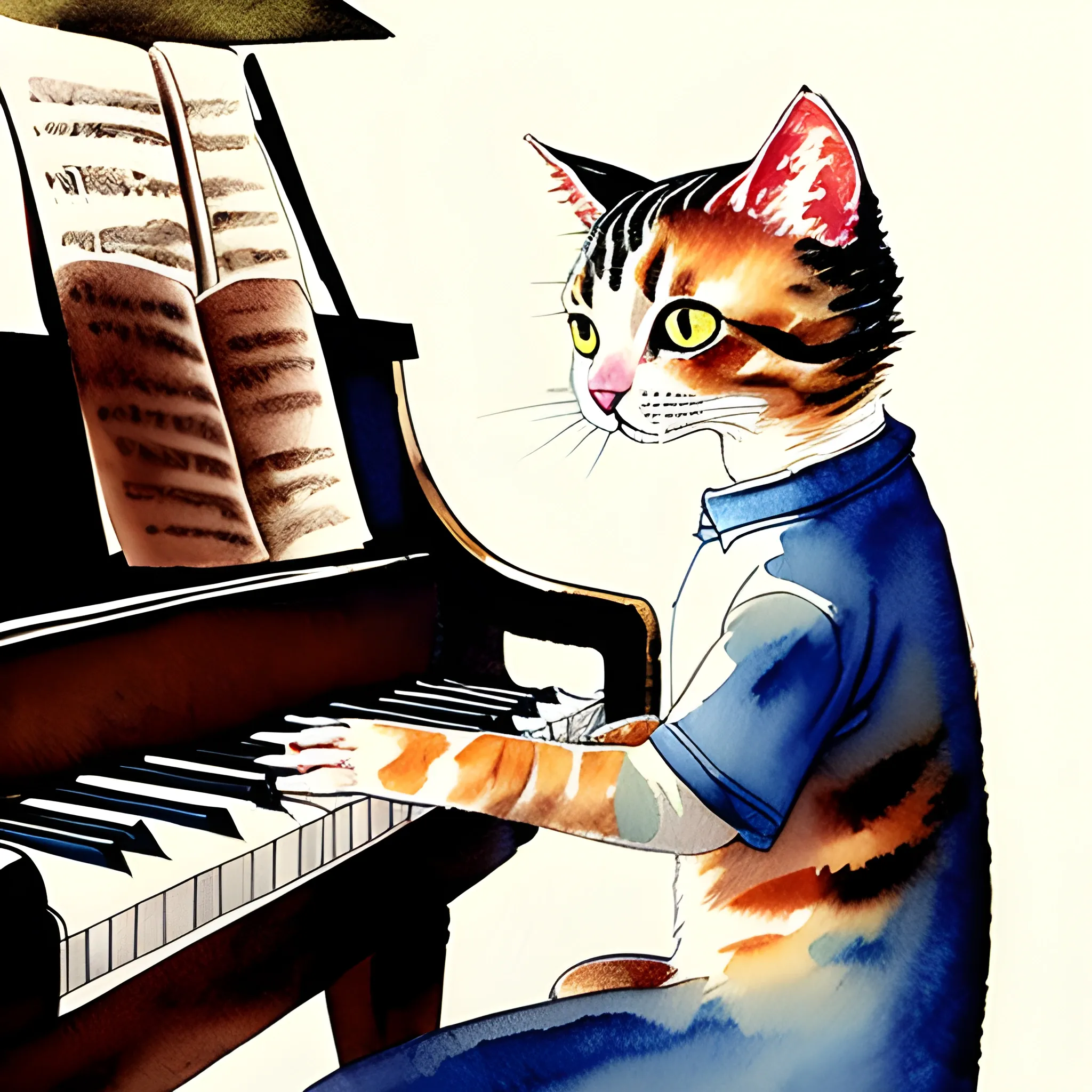 illustrate scene of cat playing piano, Water Color