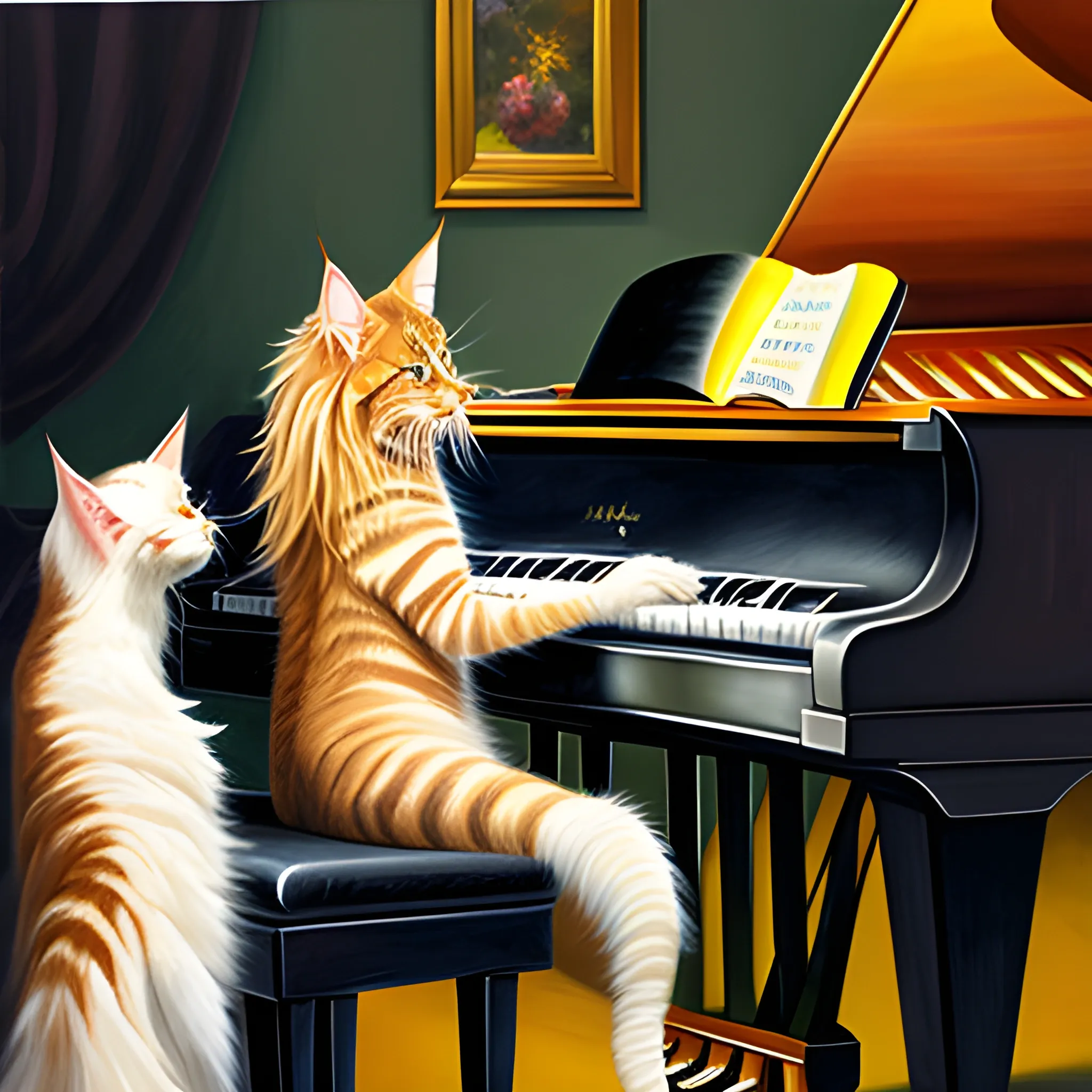 illustrate scene of maine coon playing piano,Oil Painting