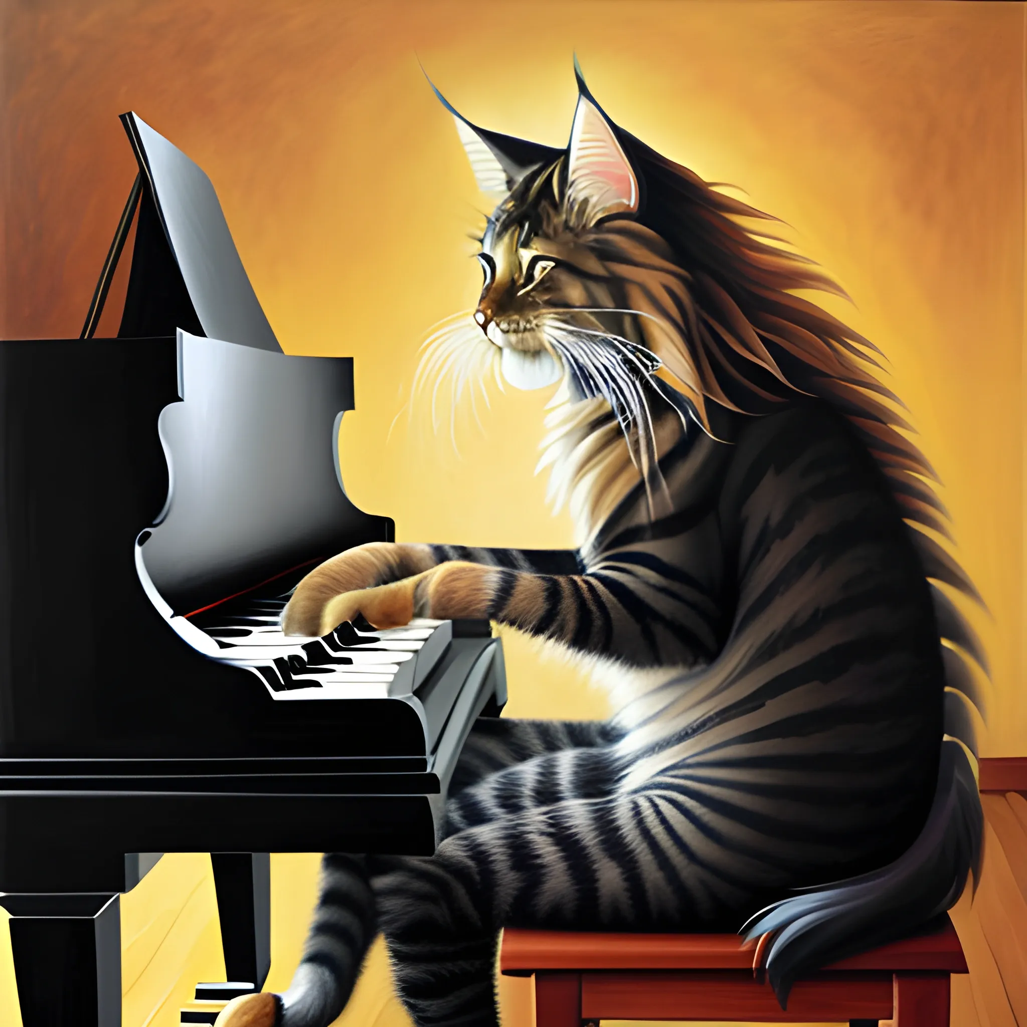 illustrate scene of dark maine coon playing piano,Oil Painting