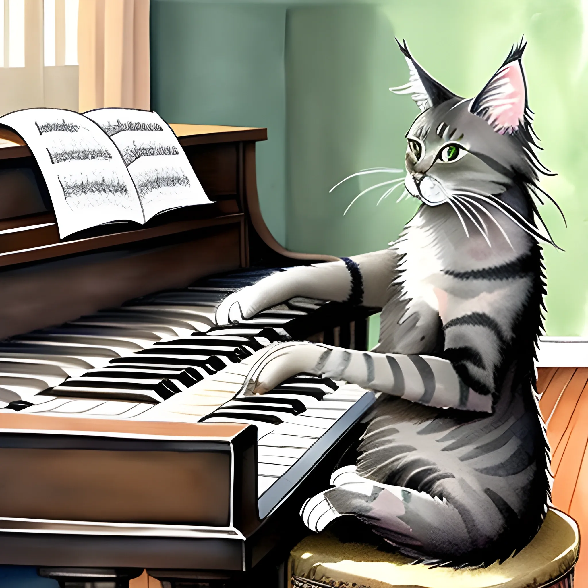 illustrate childhood scene of Maine Coon gray color baby cat playing piano, Water Color