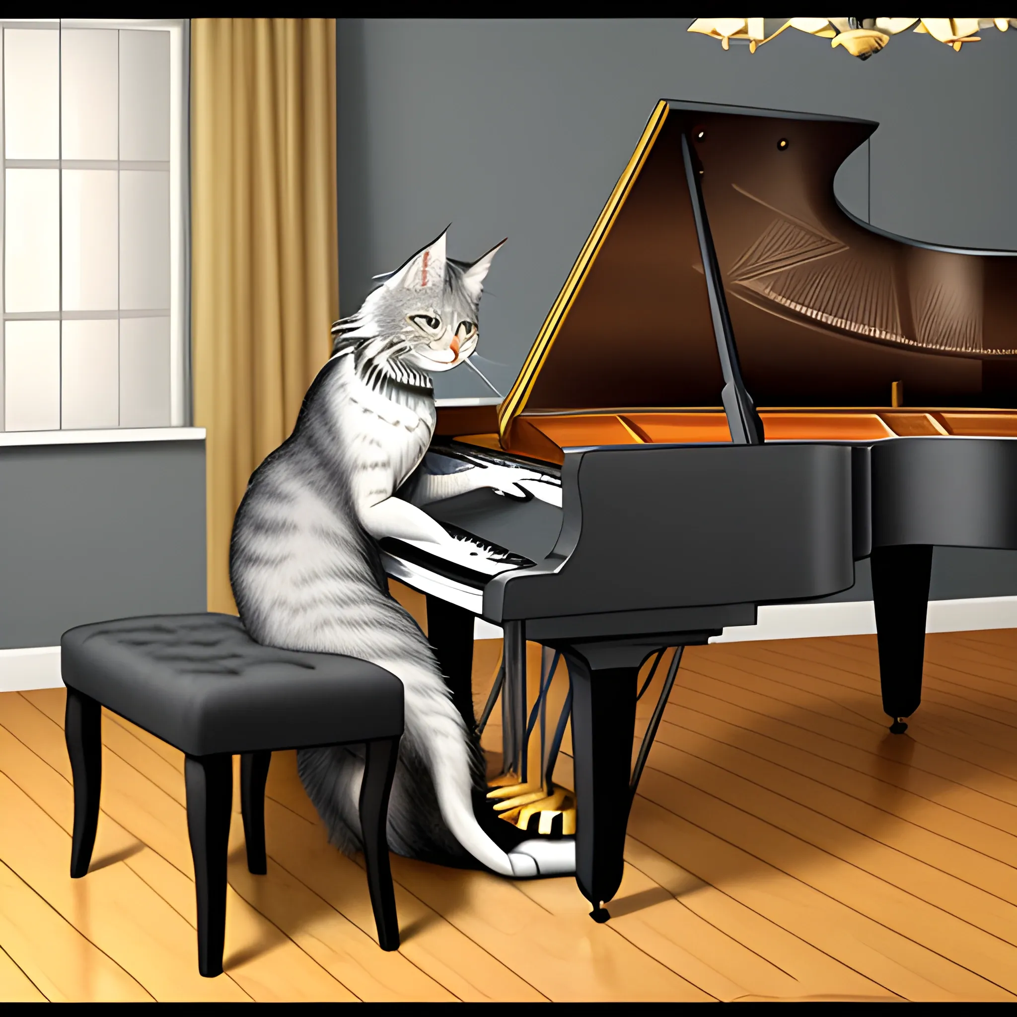 illustrate sweet tender realistic childish scene of Maine Coon gray color baby cat playing piano