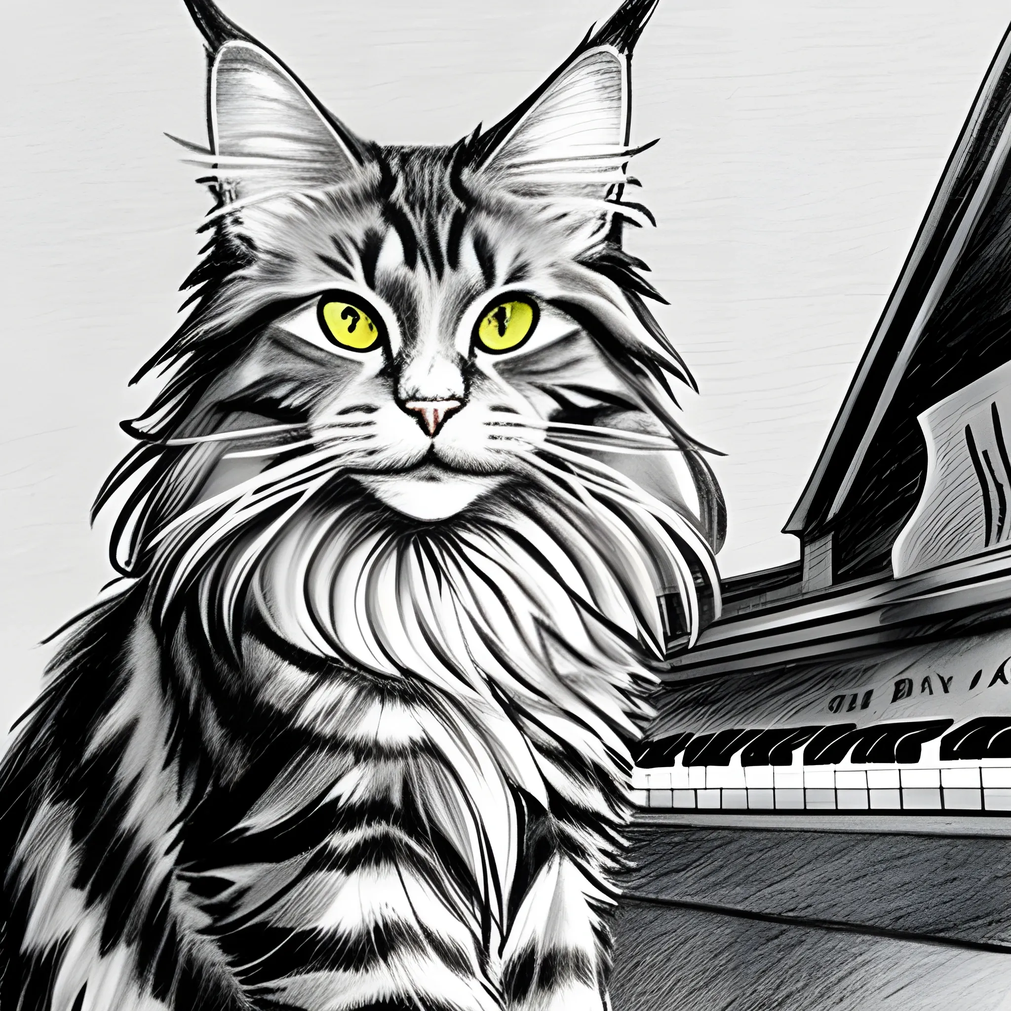 Maine Coon gray color baby cat playing piano, Pencil Sketch