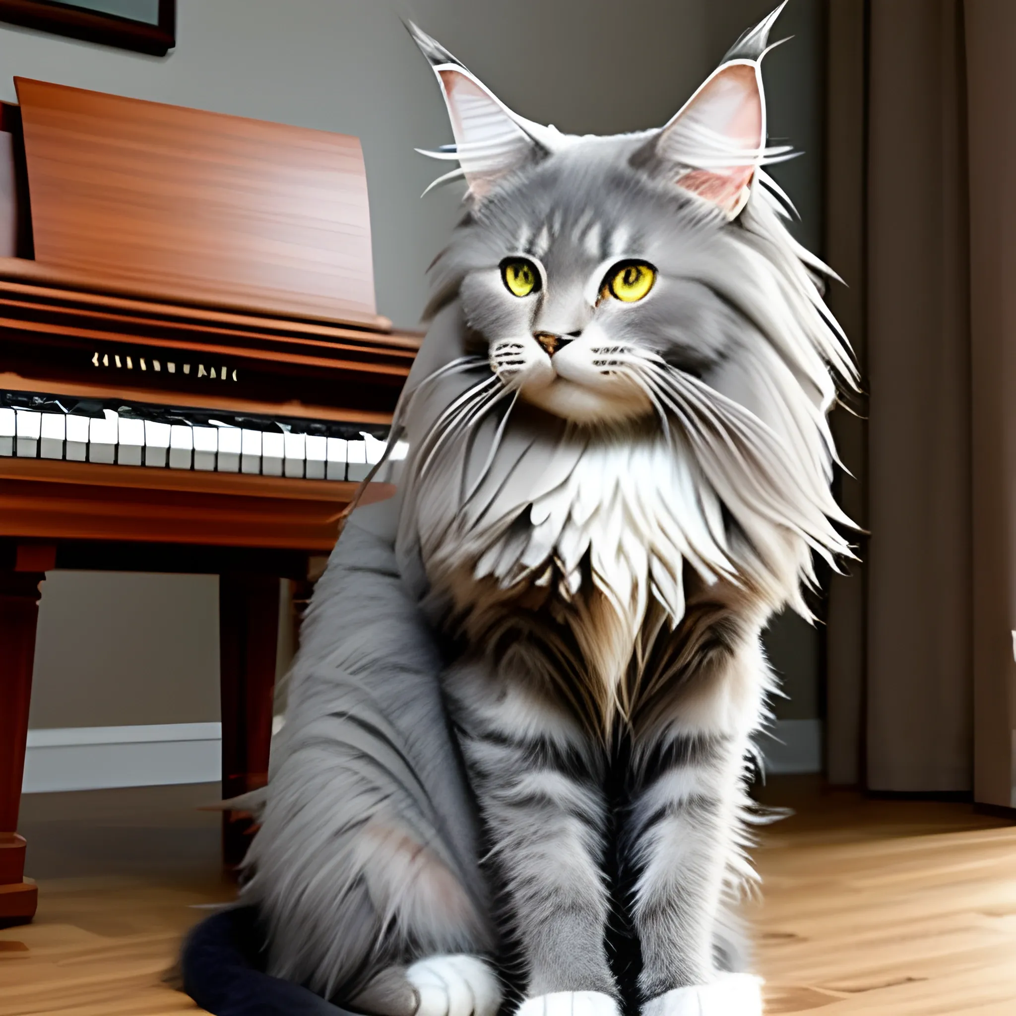 sweet Maine Coon gray color baby cat playing wooden piano