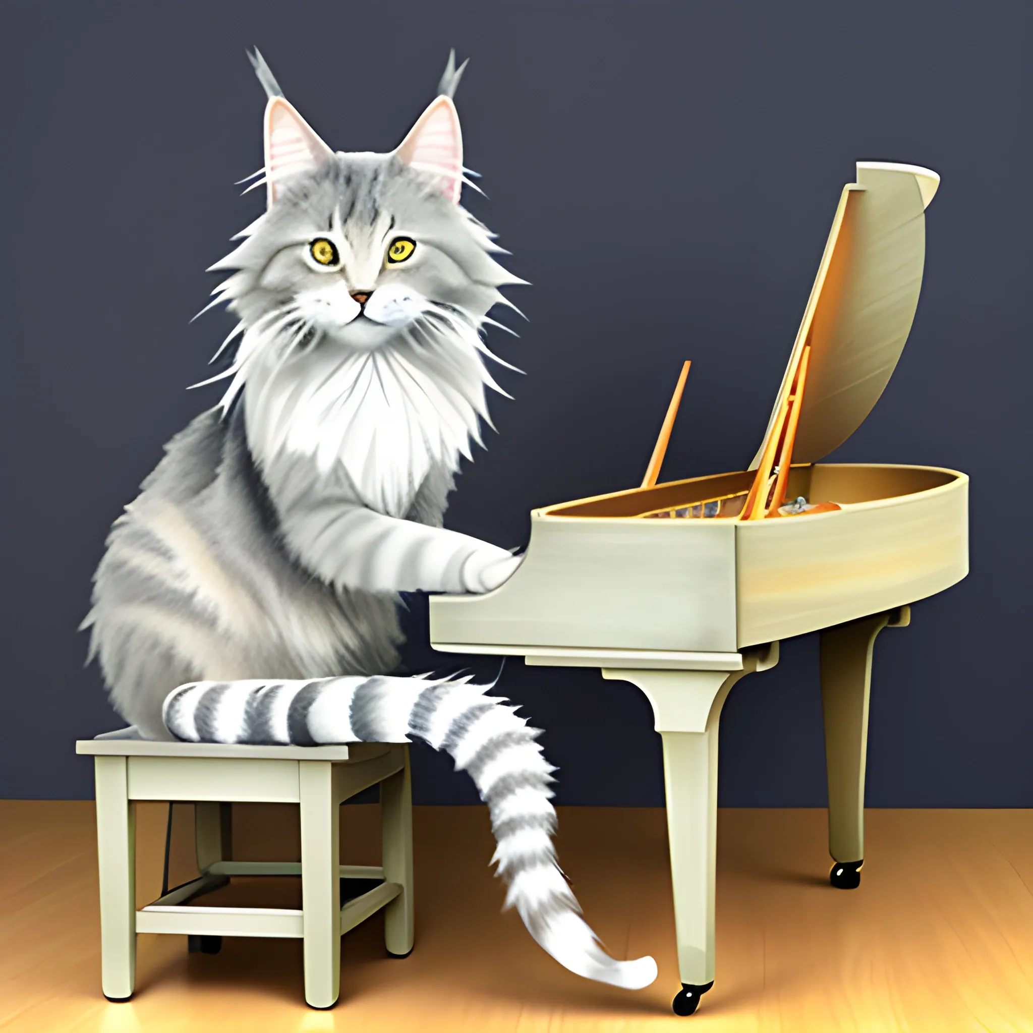 sweet Maine Coon gray color baby cat playing wooden piano, Water Color