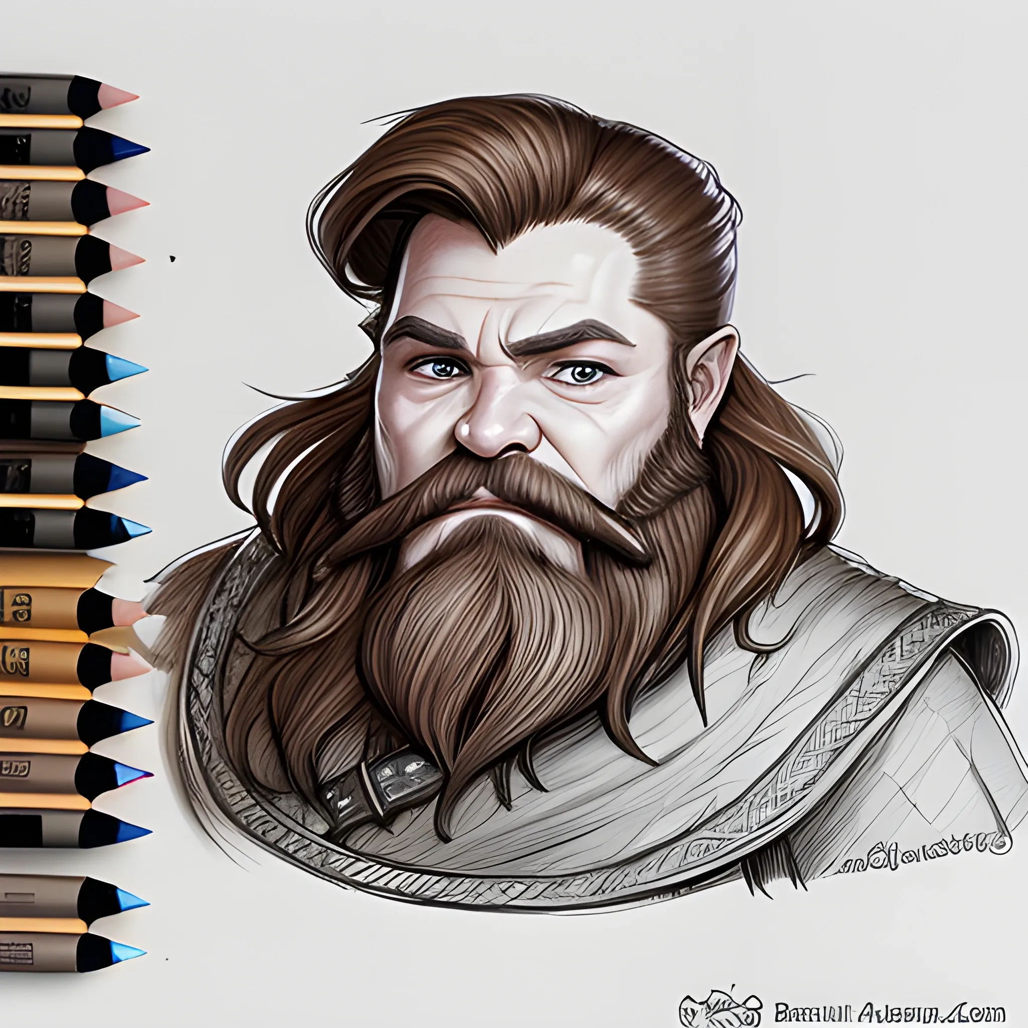 barbian, dwarf, brown hair, brown beard ,brown eyes, dnd  artstyle, Pencil Sketch