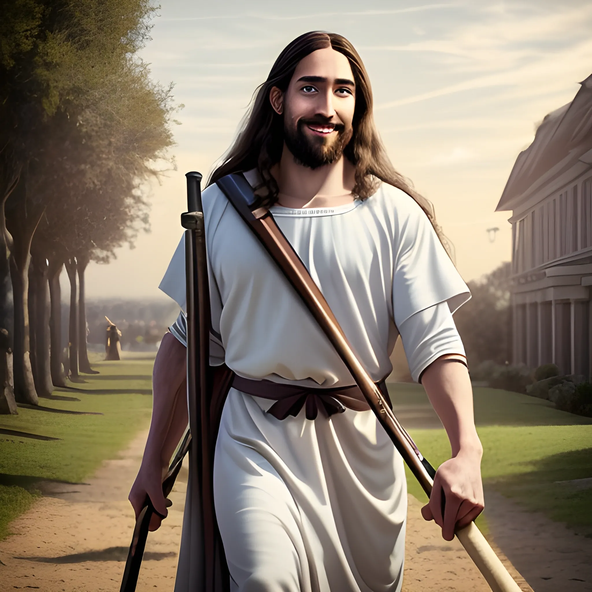 jesus walking with a staff in his hand, xqcow, stock image, without beard and mustache, might delete later, bruh moment, with a beautifull smile, mark arian 0. 2 5, daddy, easter, long curl hair, ussa, i'd make a deal with god, holding bat, merry, mega