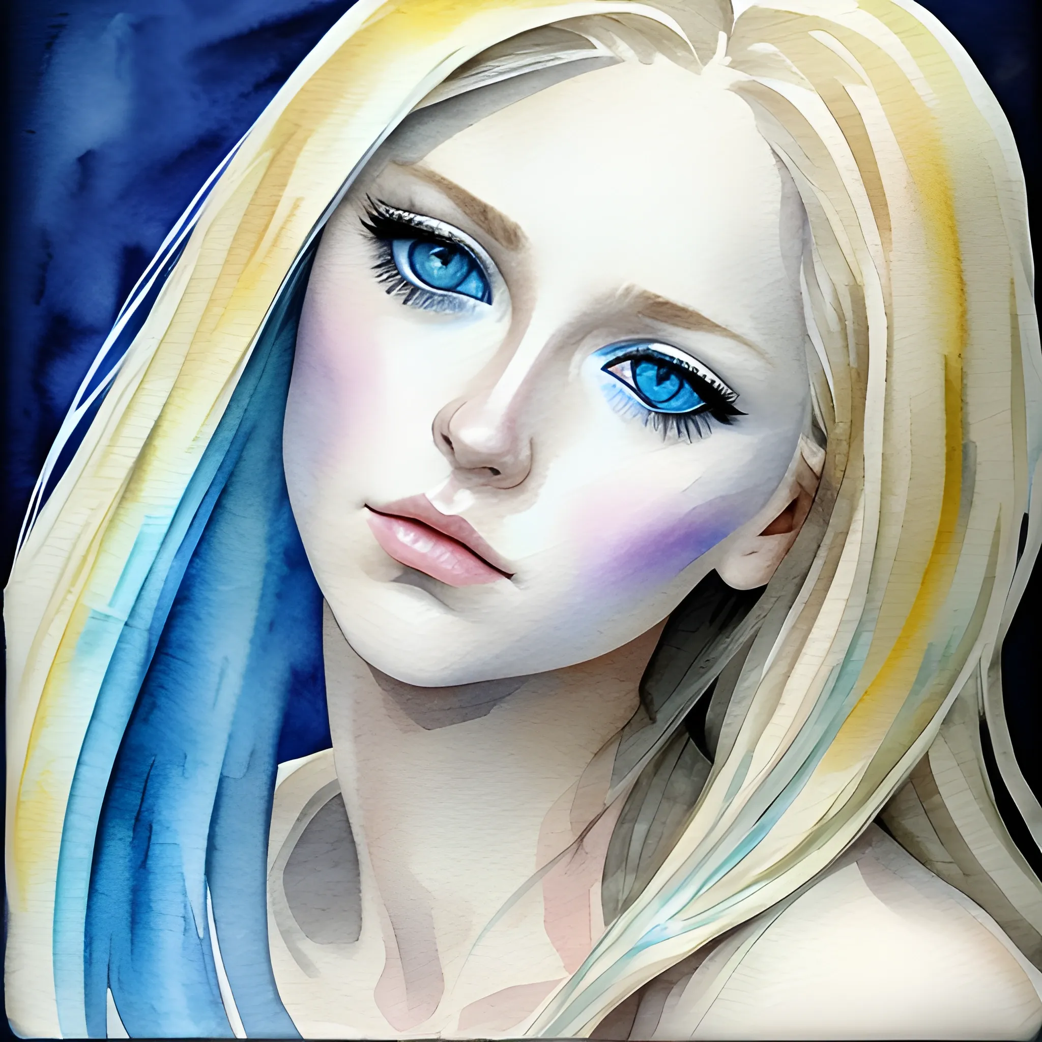 woman, long blonde Hair, blue Eys,  Water Color, 